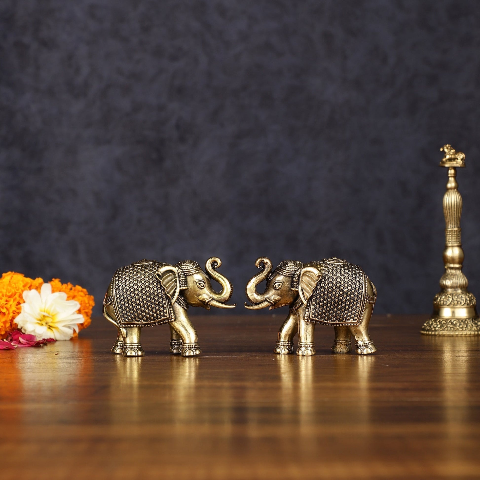 Pure Brass Intricately Carved Elephant Statue Miniature - 3 Inch pair - Sama Homes Idol - Brass Sculpture - Eco-friendly - Sama Homes