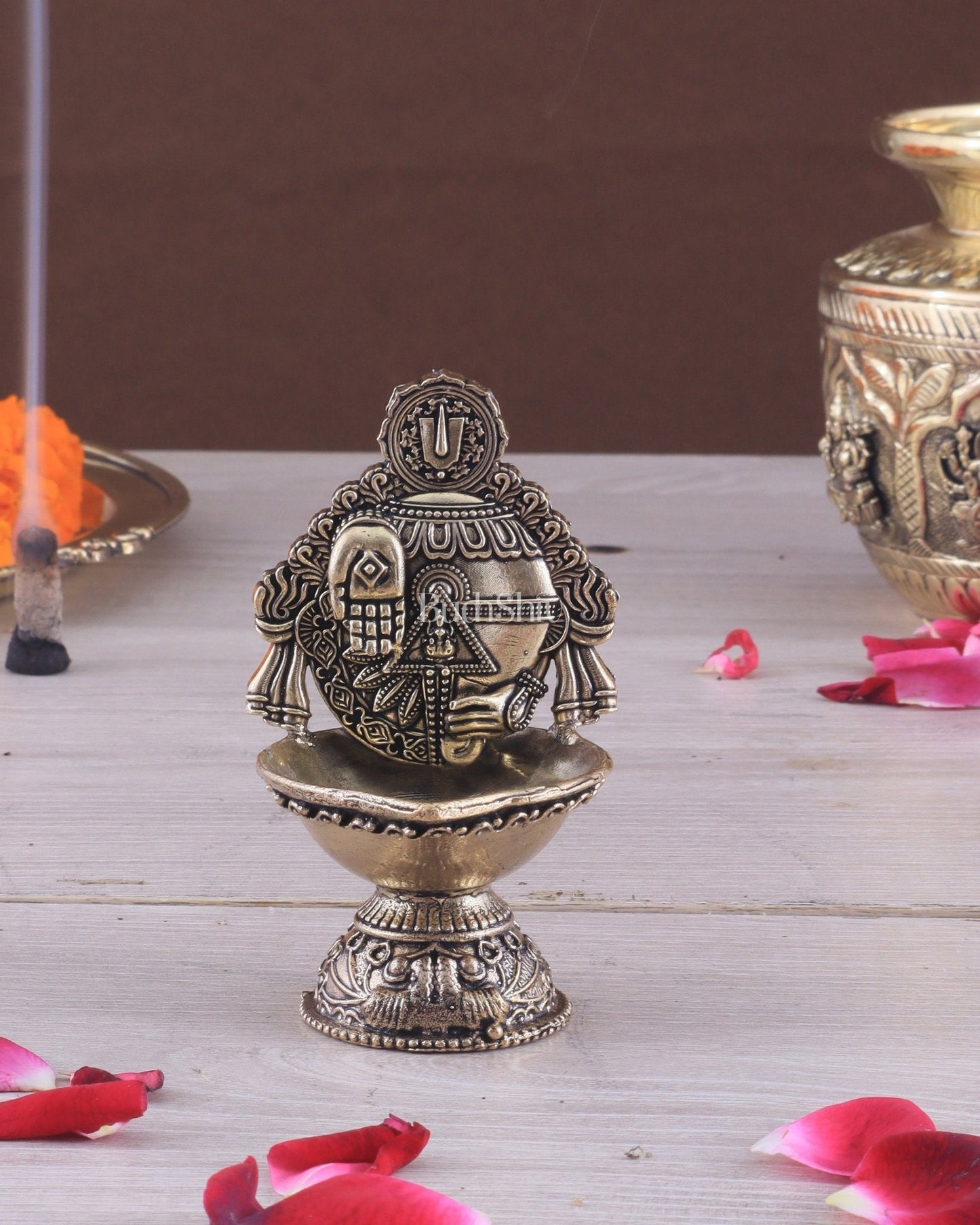 Pure Brass Intricately Carved Lord Venkateshwara Symbols Diya | 4 Inch (10.2 cm) - Sama Homes Idol - Brass Sculpture