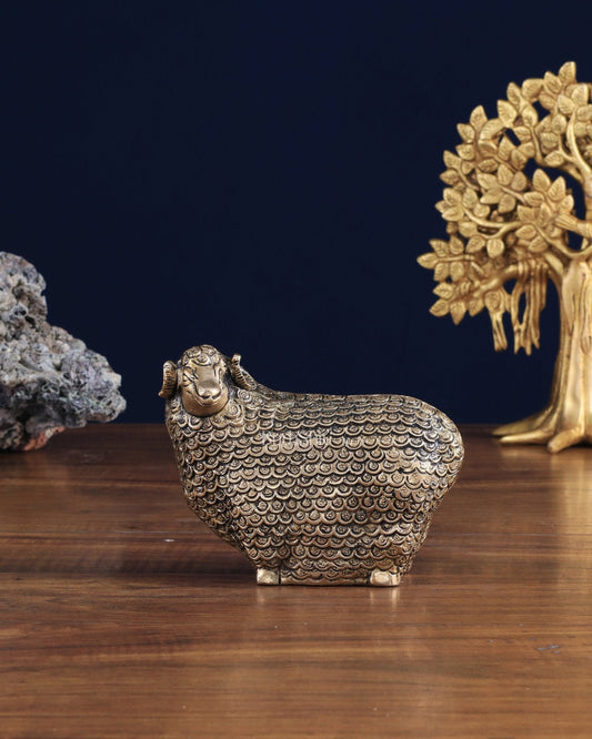 Pure Brass Intricately Carved Sheep Figurine (Vastu Recommended) small - Sama Homes Idol - Brass Sculpture