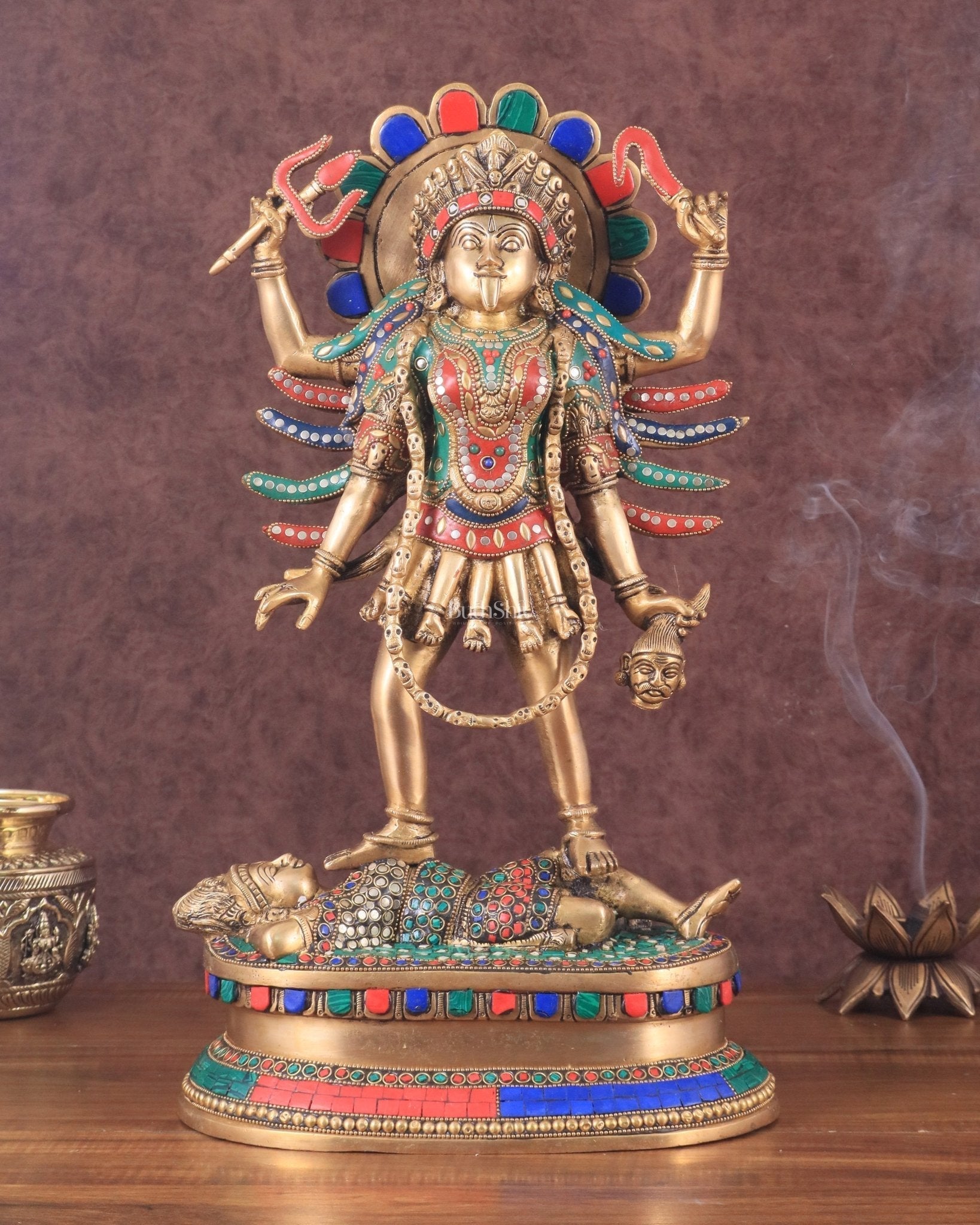 Pure Brass Kali Mata Idol with Four Arms 18" with stonework - Sama Homes Idol - Brass Sculpture - Eco-friendly - Sama Homes