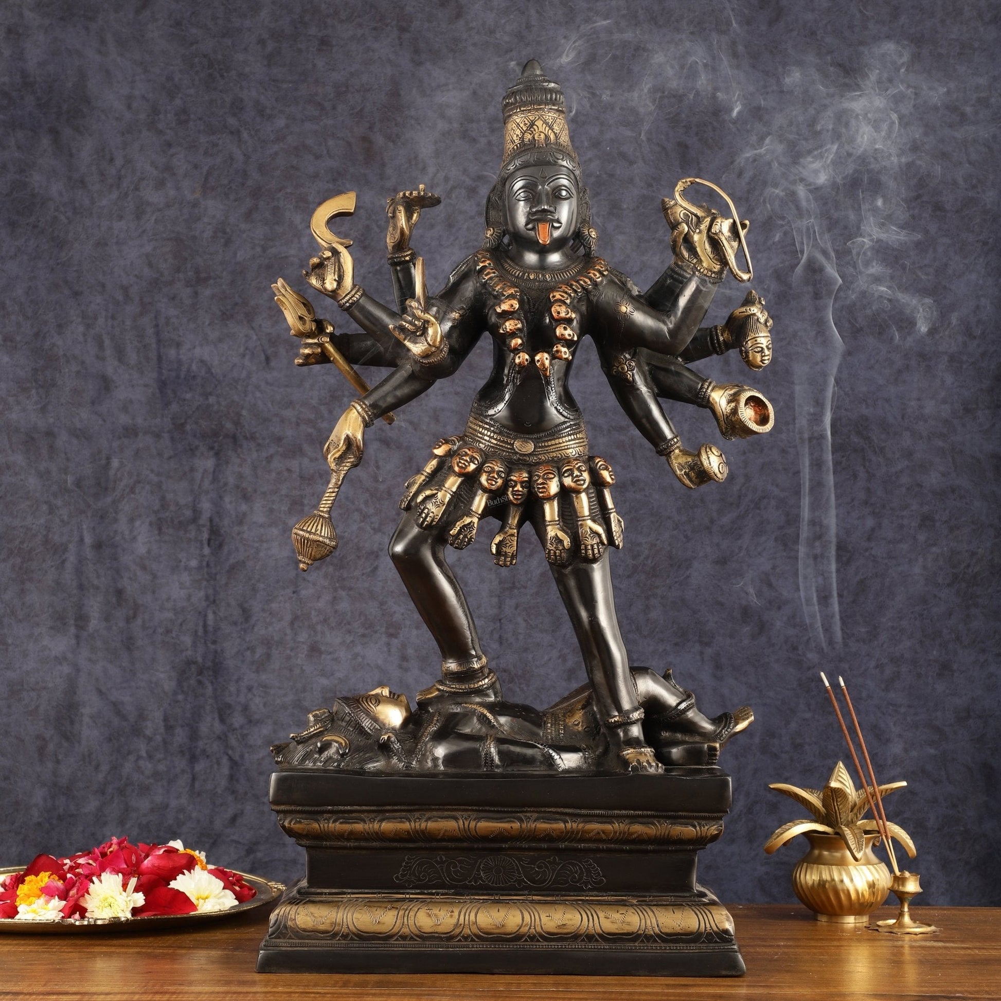 Pure Brass Kali Mata Statue - 25 Inch, 10 Arms, Black Edition - Sama Homes Idol - Brass Sculpture - Eco-friendly - Sama Homes