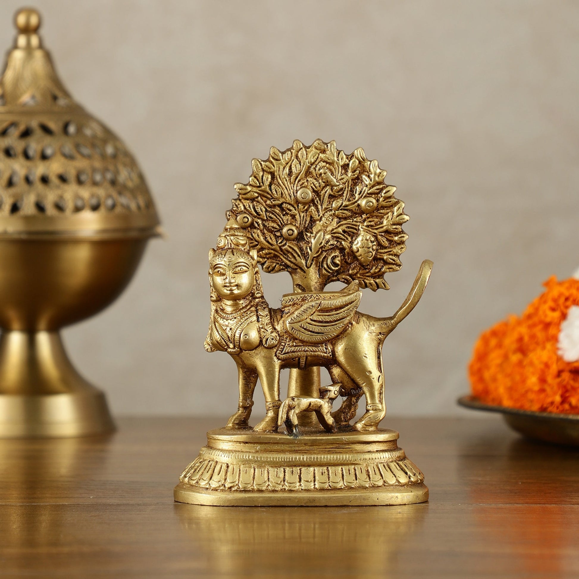 Pure Brass Kamadhenu Cow with Calf and Kalpavriksha - 5 Inch | Intricate Brass Sculpture - Eco-friendly - Sama Homes