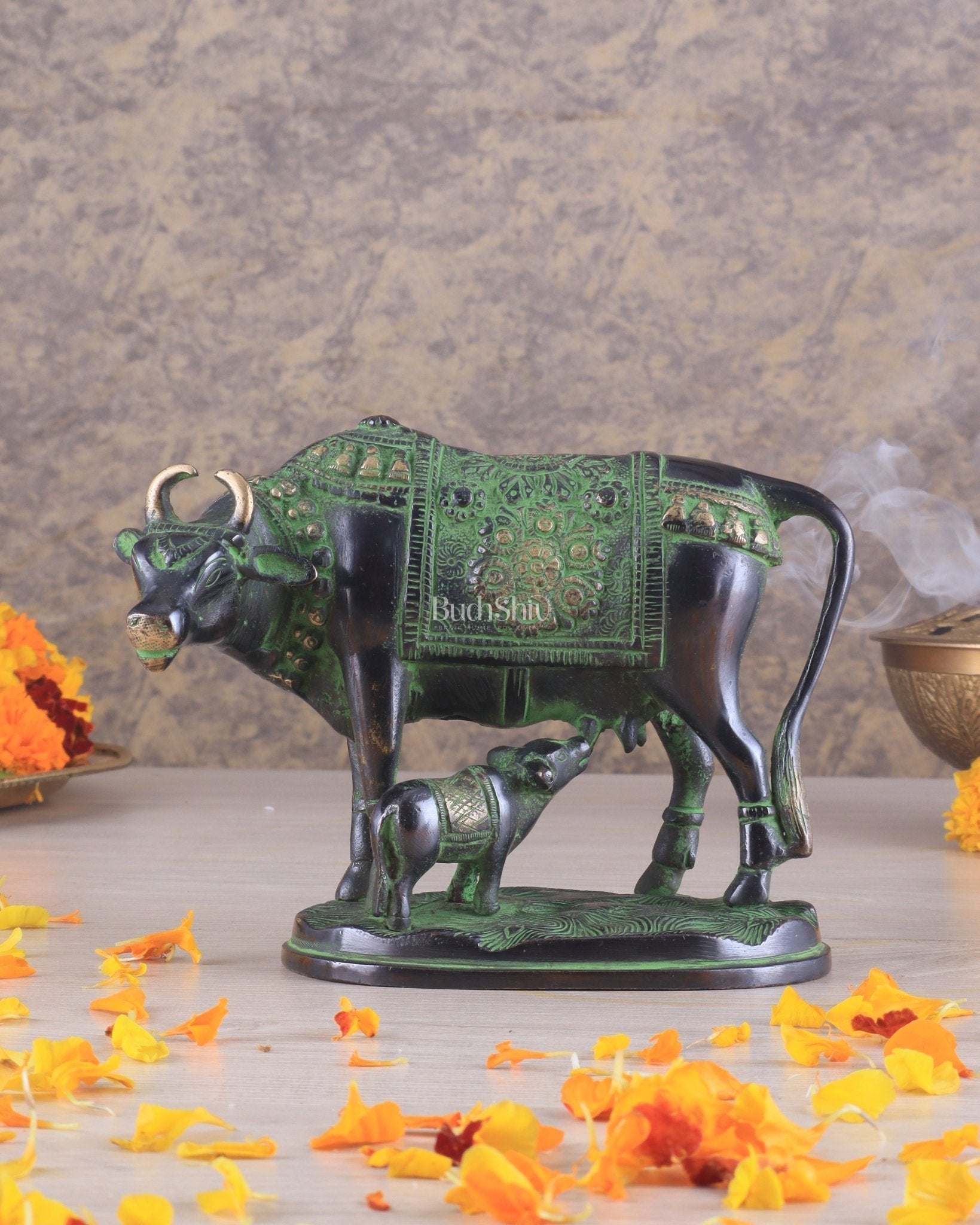 Pure Brass Kamadhenu Cow with Calf Statue – Black and Green Tone - Eco-friendly - Sama Homes