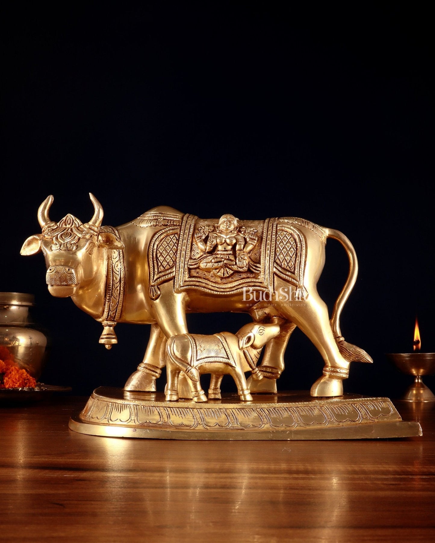 Pure Brass Kamdhenu Cow with Calf – 8” x 12” x 6.5”