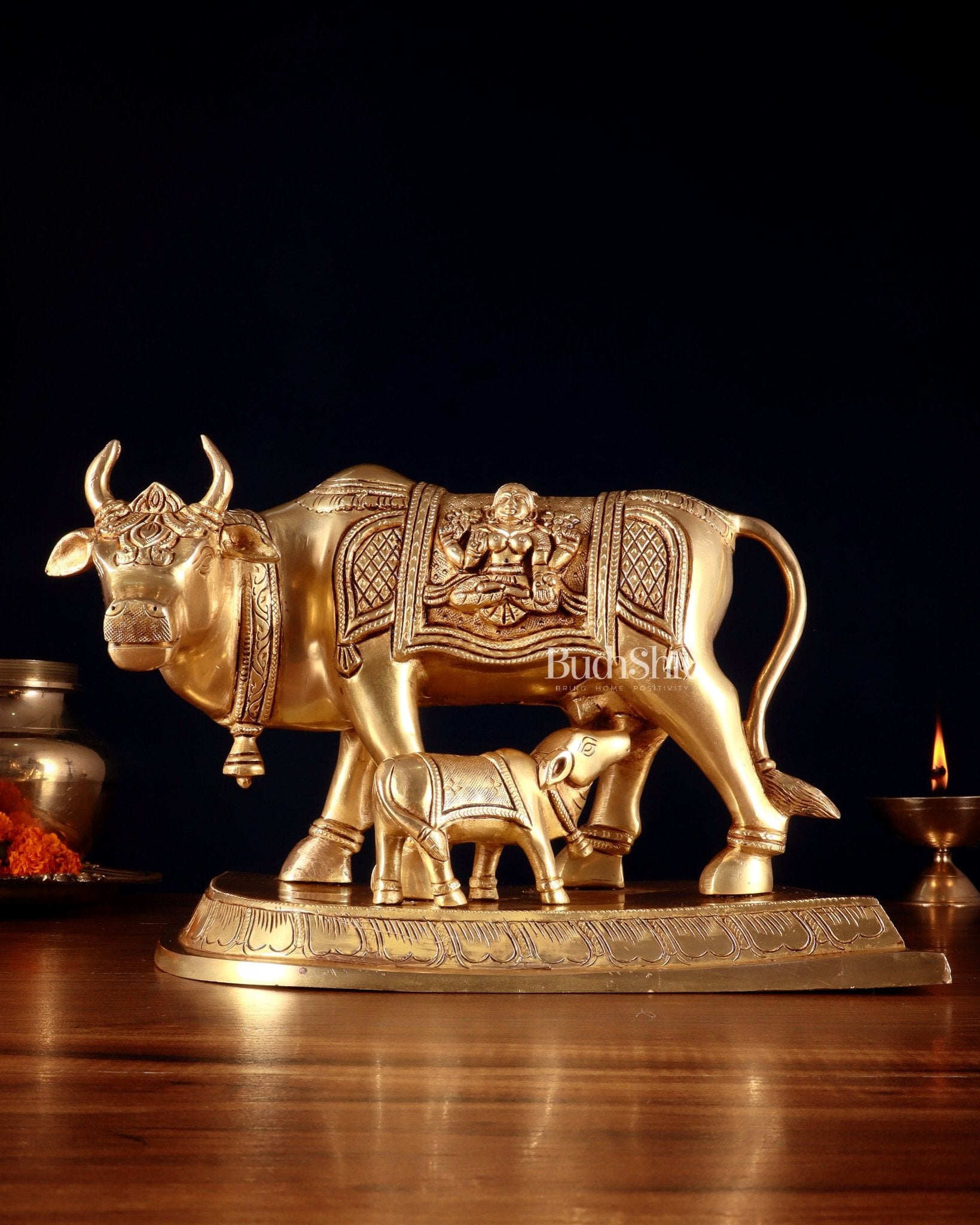 Pure Brass Kamdhenu Cow with Calf – 8” x 12” x 6.5” - Eco-friendly - Sama Homes