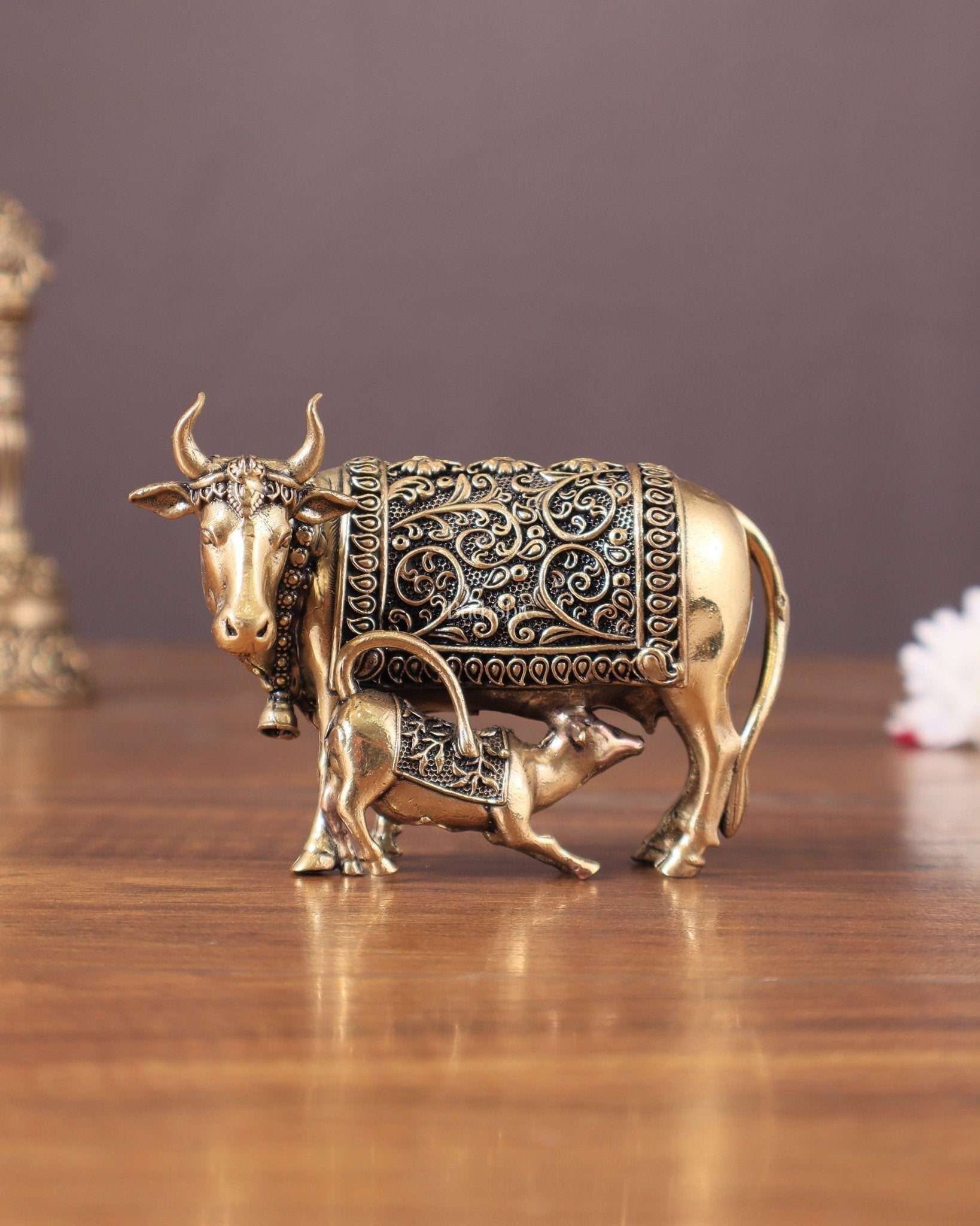 Pure Brass Kamdhenu Cow with Calf Idol - 3" - Sama Homes Idol - Brass Sculpture - Eco-friendly - Sama Homes