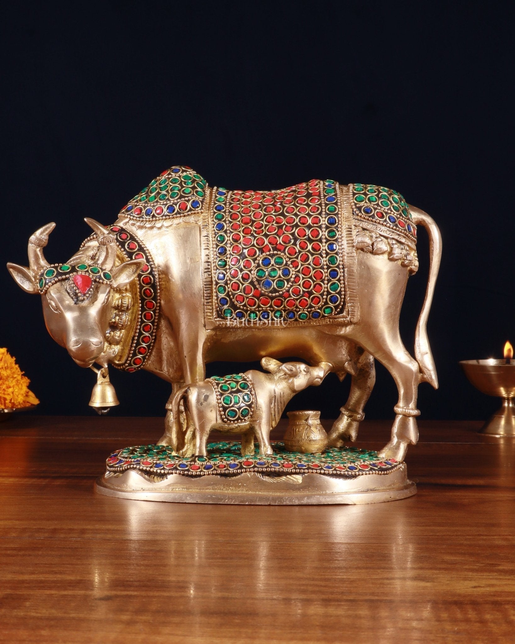 Pure Brass Kamdhenu Cow with Calf Idol – 8 inch with stonework - Eco-friendly - Sama Homes