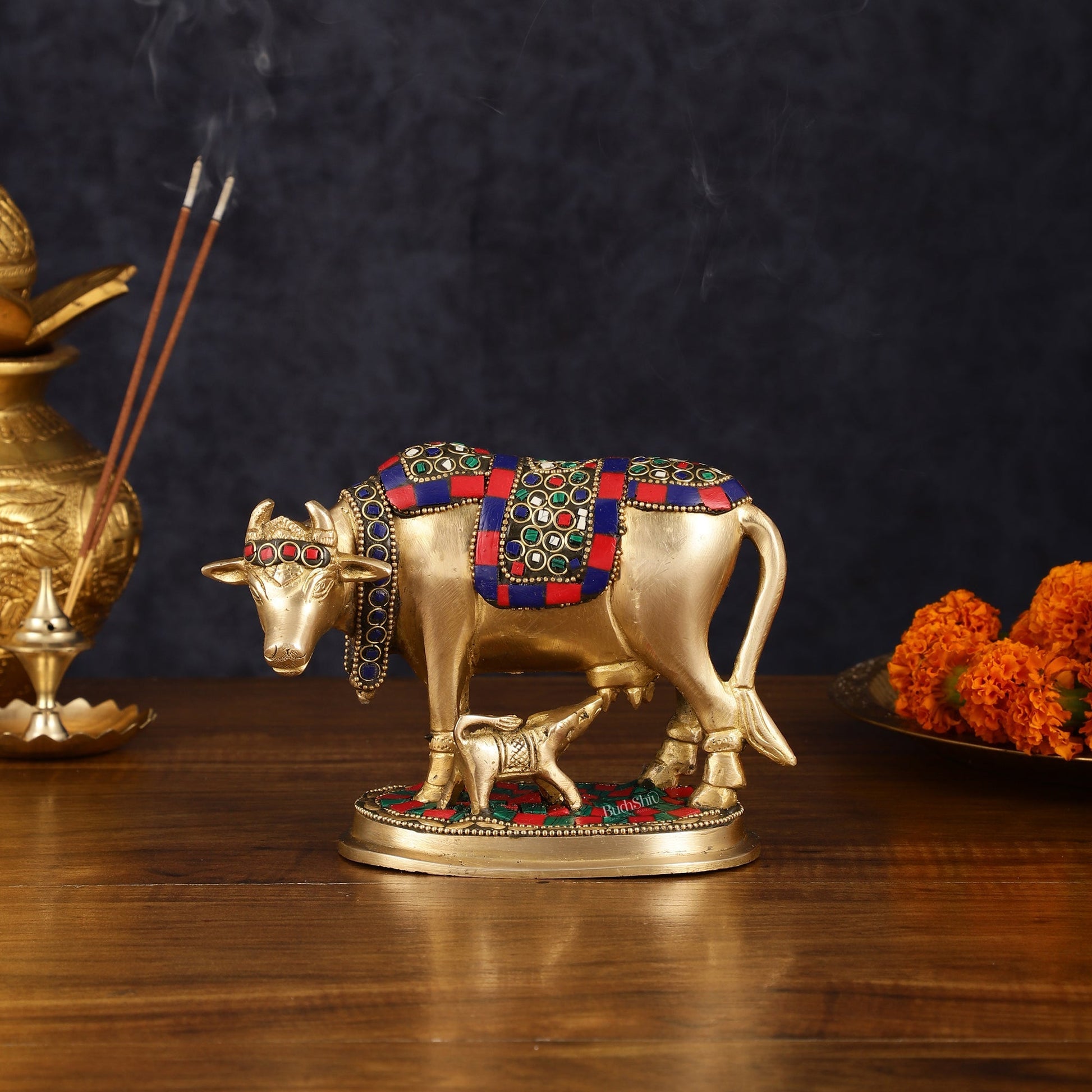 Pure Brass Kamdhenu Cow with Calf Idol - Meenakari Stonework, 4.5 Inch Height, - Eco-friendly - Sama Homes