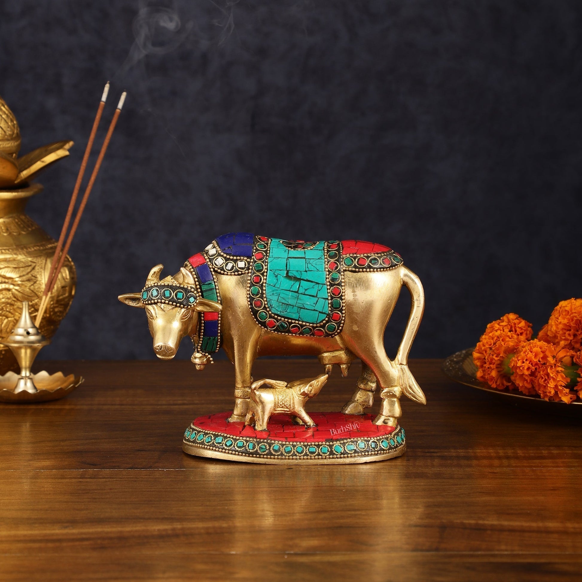 Pure Brass Kamdhenu Cow with Calf Idol with Stonework small - Eco-friendly - Sama Homes