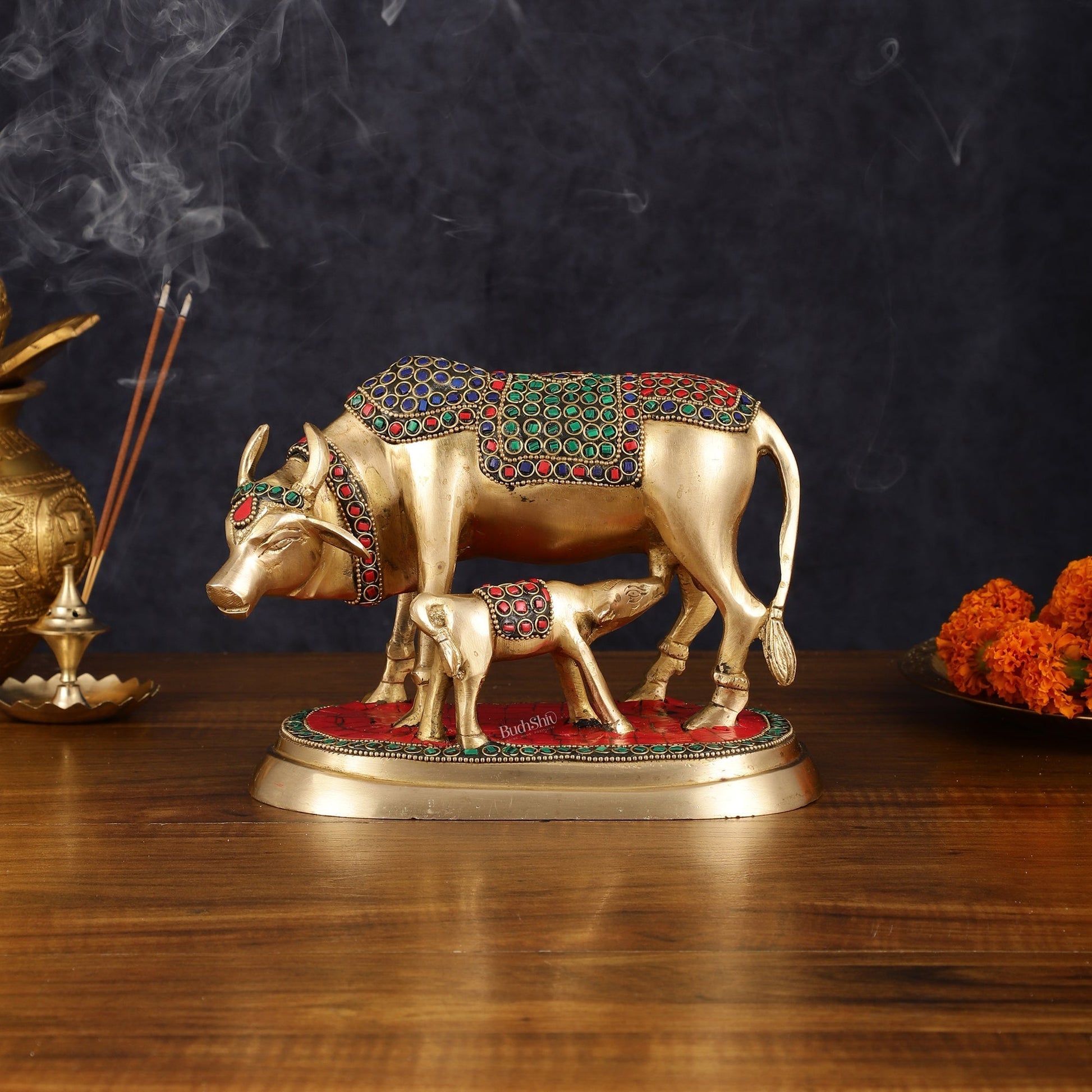 Pure Brass Kamdhenu Cow with Calf Statue - Meenakari Stonework, 8" - Eco-friendly - Sama Homes