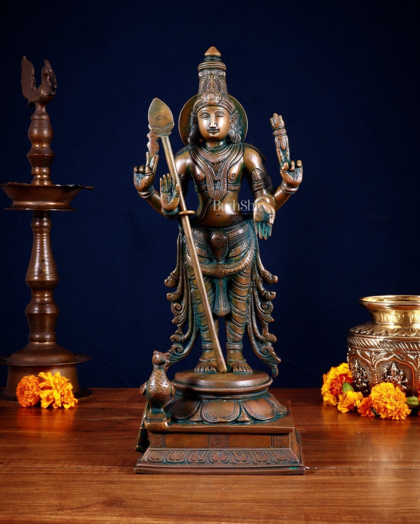 Pure Brass Kartikeya Murugan Swamy Statue – 14” Chola bronze tone - Sama Homes Idol - Brass Sculpture