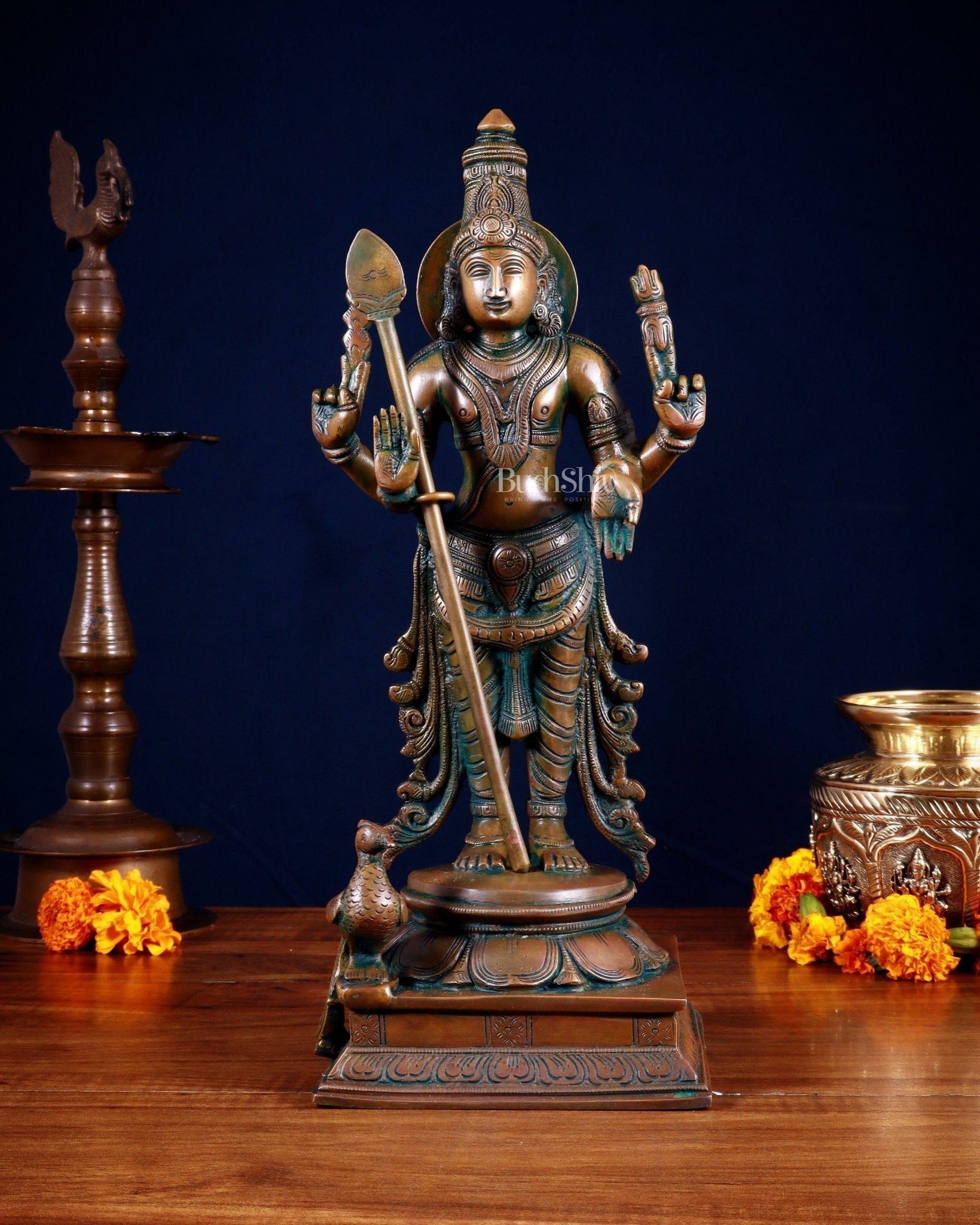 Pure Brass Kartikeya Murugan Swamy Statue – 14” Chola bronze tone - Sama Homes Idol - Brass Sculpture - Eco-friendly - Sama Homes