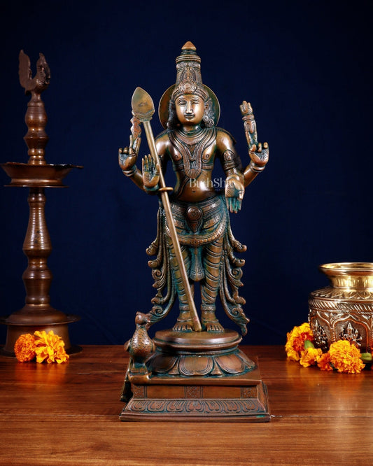 Pure Brass Kartikeya Murugan Swamy Statue – 14” Chola bronze tone - Sama Homes Idol - Brass Sculpture
