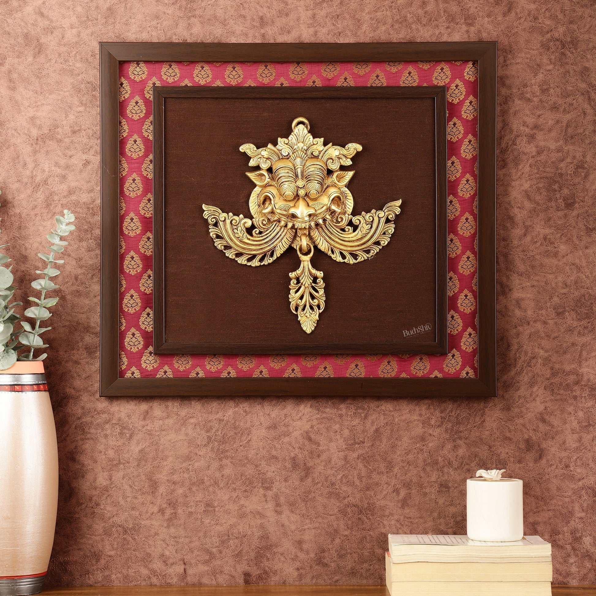 Pure Brass Kirtimukha Yali Face Wall Hanging on Wooden Frame with Premium Fabric - 18" x 20" - Sama Homes Idol - Brass Sculpture - Eco-friendly - Sama Homes