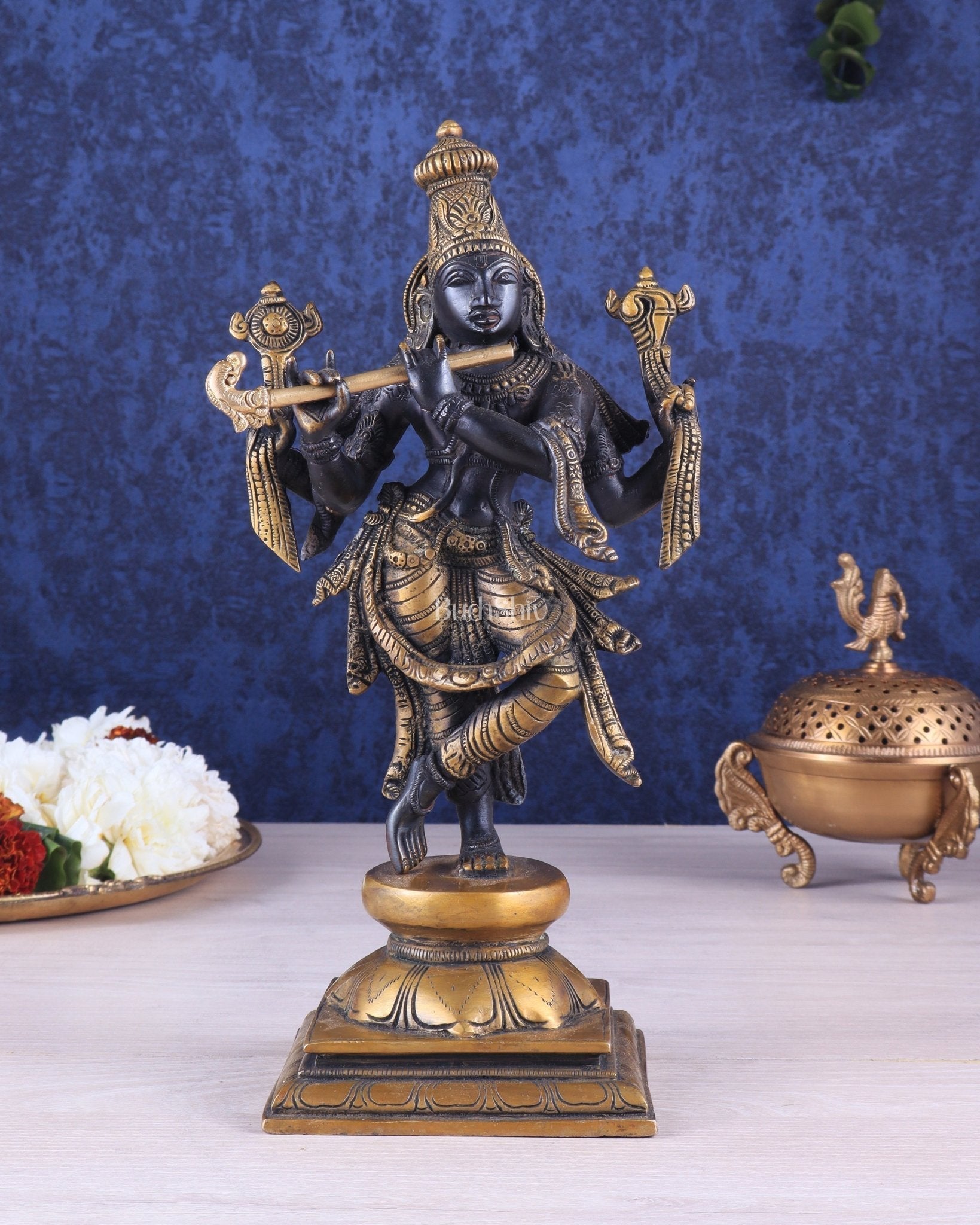 Pure Brass Krishna Roopam Vishnu Sculpture - black and gold Finish | 12" - Sama Homes Idol - Brass Sculpture - Eco-friendly - Sama Homes