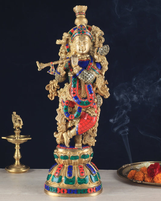 Pure Brass Krishna Statue - 21 inch meenakari delight - Sama Homes Idol - Brass Sculpture