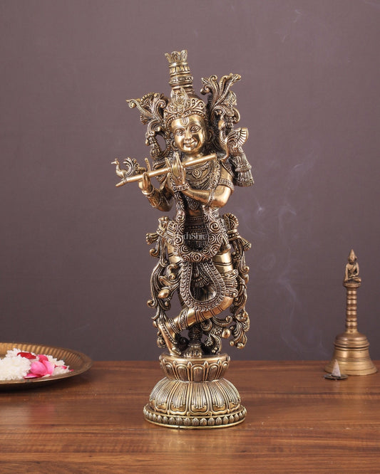 Pure Brass Krishna Superfine Statue with Intricate Carvings 16" - Sama Homes Idol - Brass Sculpture