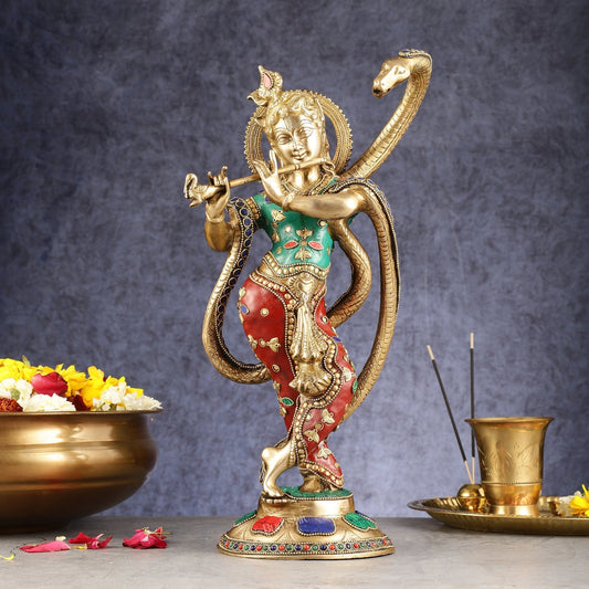 Pure Brass Krishna Surrenders to Kaliya naag Idol 15" - Sama Homes Idol - Brass Sculpture