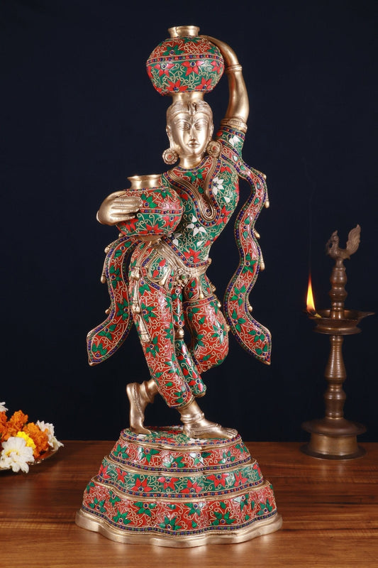 Pure Brass Krishna’s Gopi Carrying Butter Pots – Meenakari Marvel, 27.2 Inch - Sama Homes Idol - Brass Sculpture