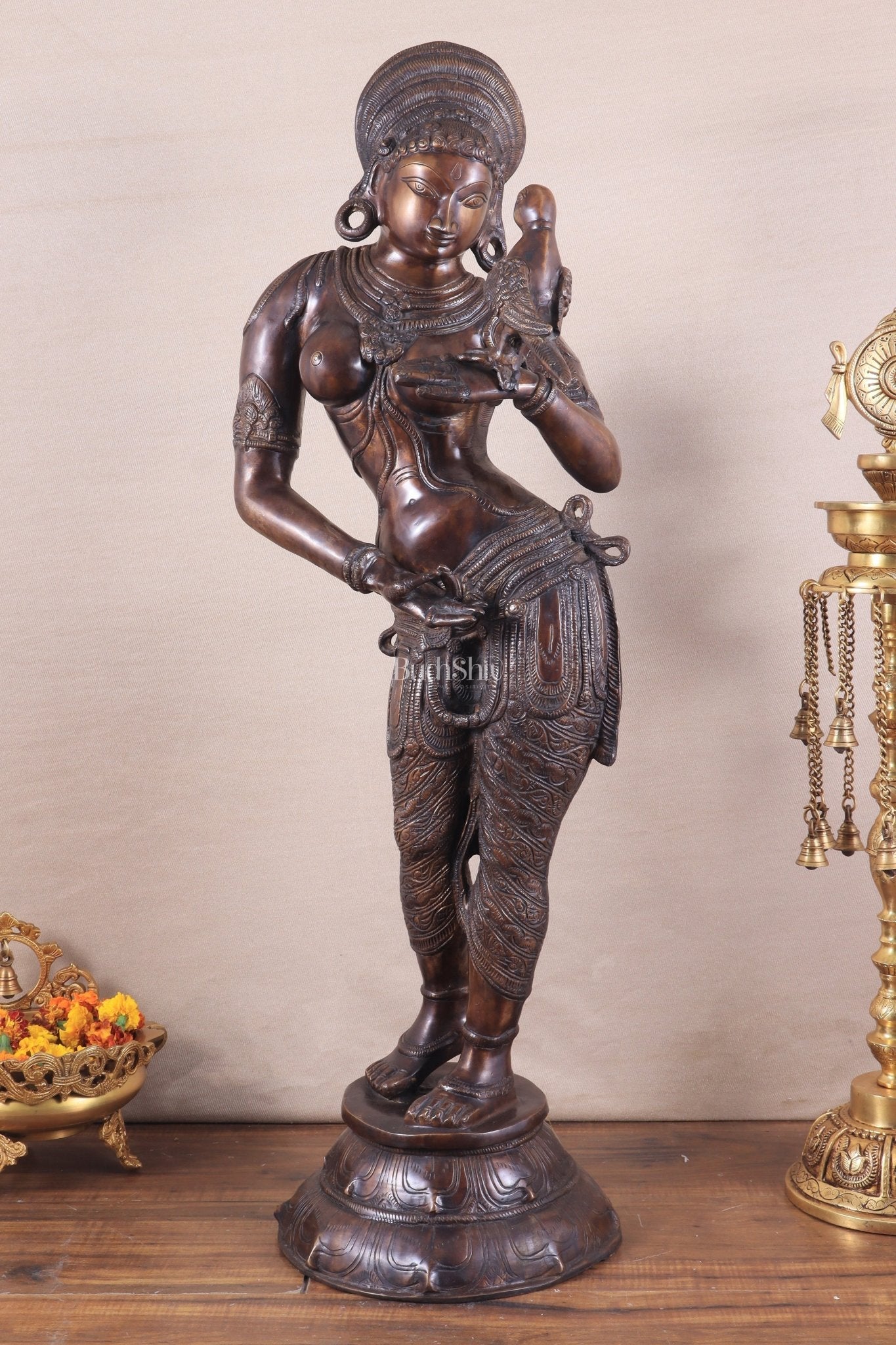 Pure Brass Lady Holding Parrot Sculpture - 38" Chola tone - Sama Homes Idol - Brass Sculpture - Eco-friendly - Sama Homes