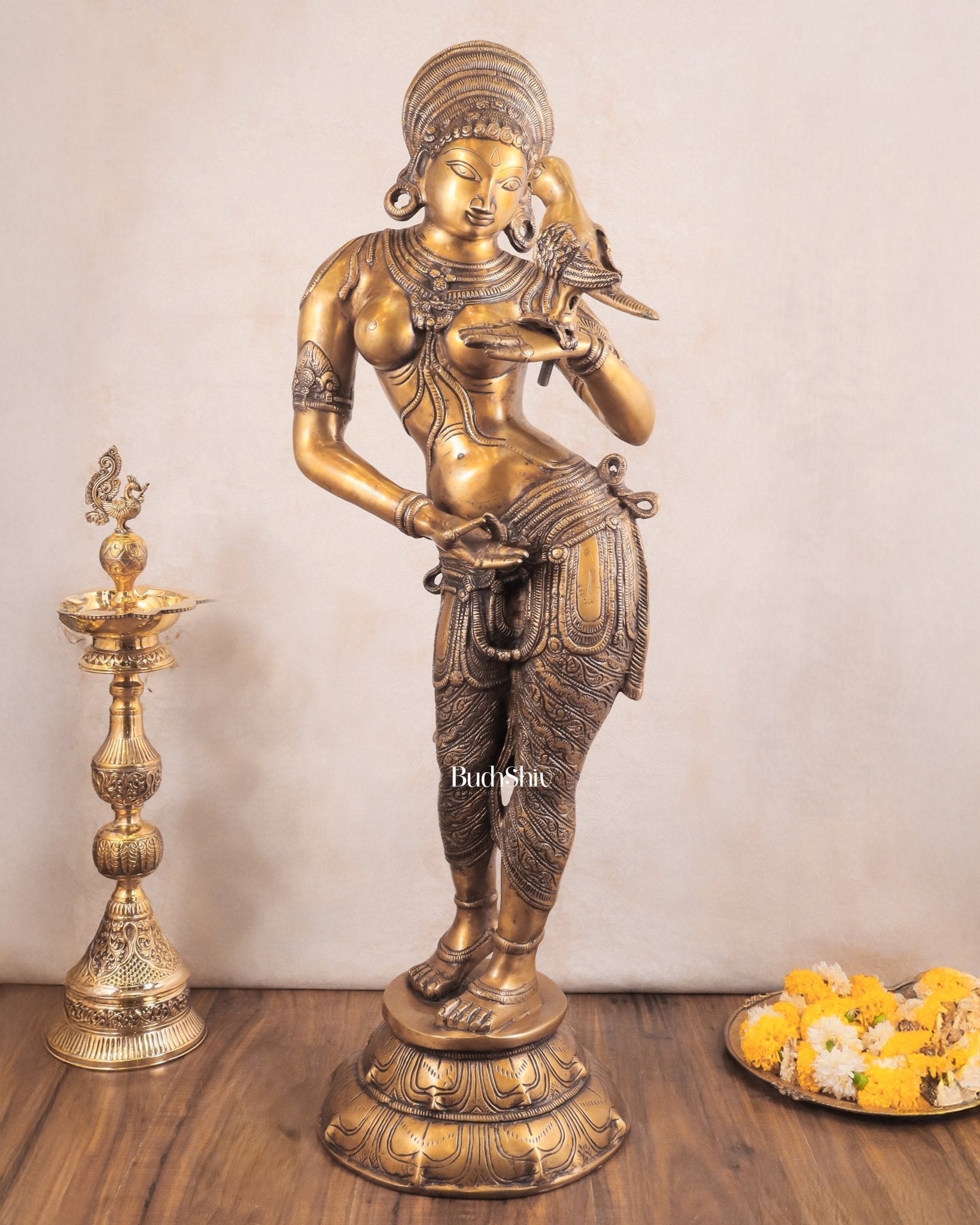 Pure Brass Lady Holding Parrot Sculpture - 38" - Sama Homes Idol - Brass Sculpture - Eco-friendly - Sama Homes