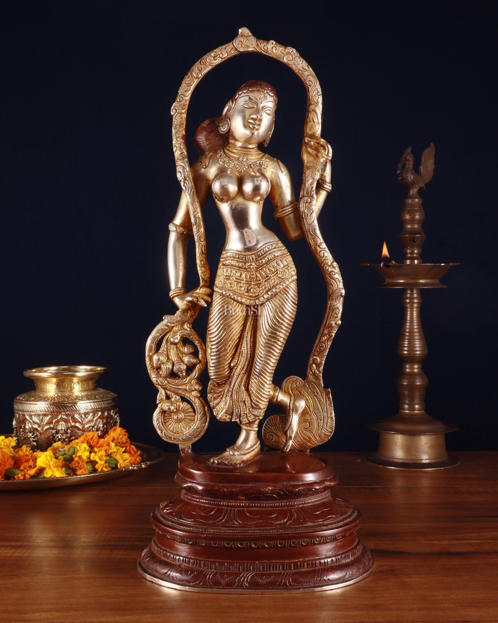 Pure Brass Lady Statue – Ajanta Inspired, 16.5 Inch double chola - Sama Homes Idol - Brass Sculpture - Eco-friendly - Sama Homes