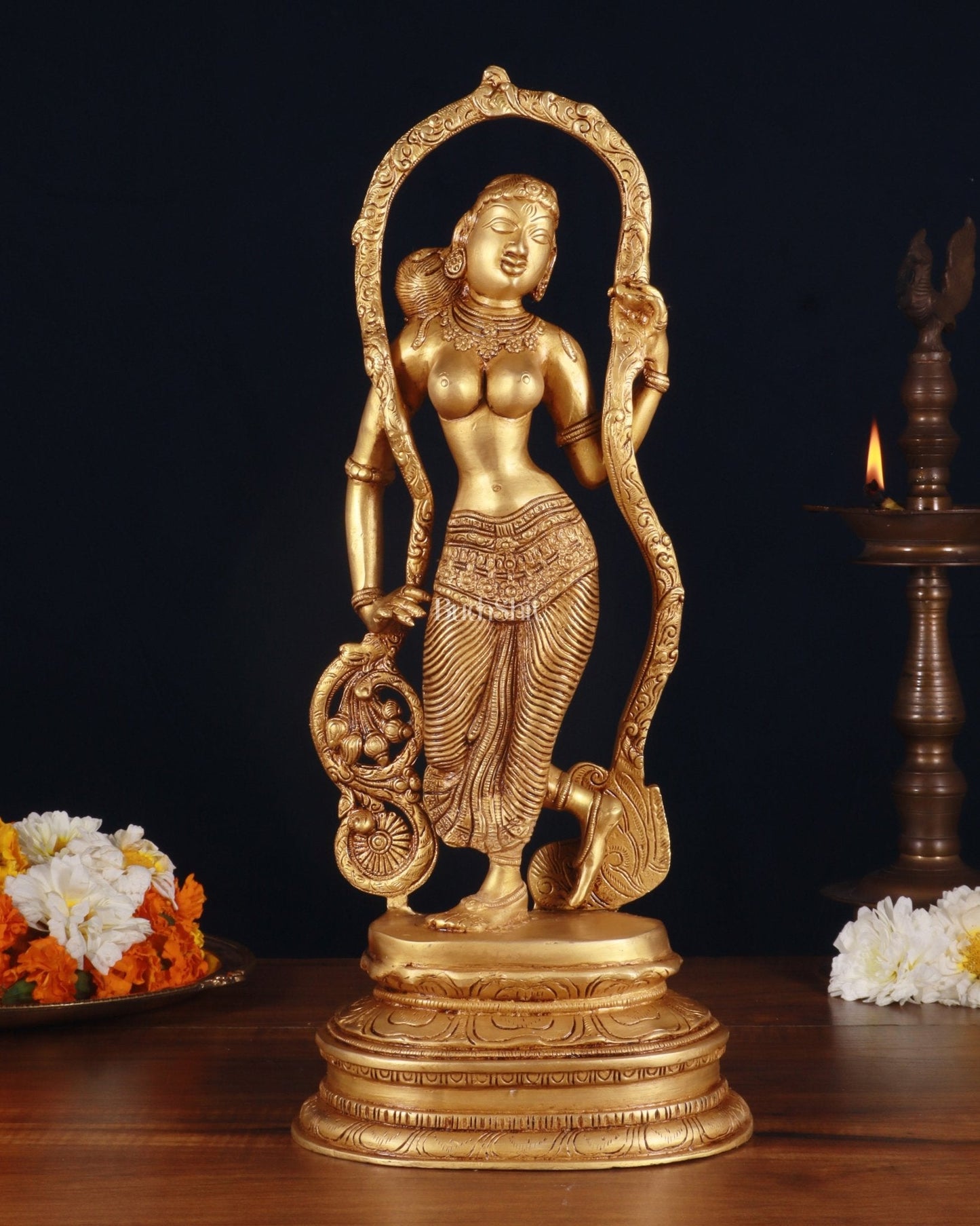 Pure Brass Lady Statue – Ajanta Inspired, 16.5 Inch - Sama Homes Idol - Brass Sculpture