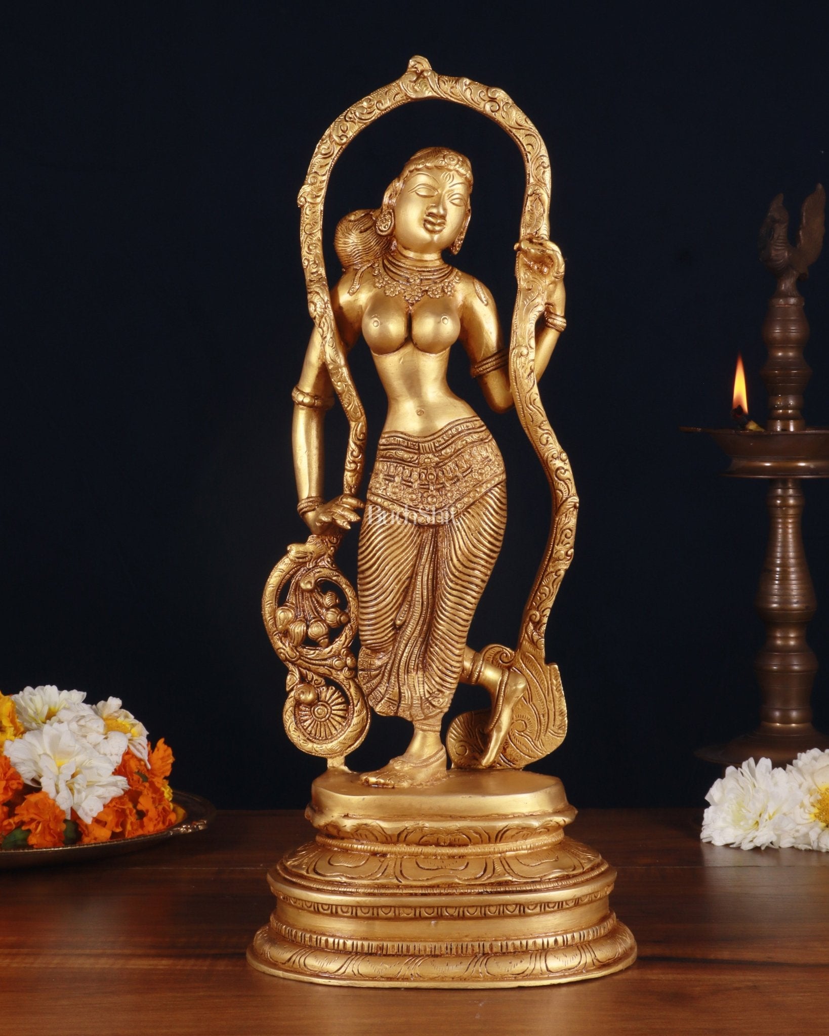 Pure Brass Lady Statue – Ajanta Inspired, 16.5 Inch - Sama Homes Idol - Brass Sculpture - Eco-friendly - Sama Homes