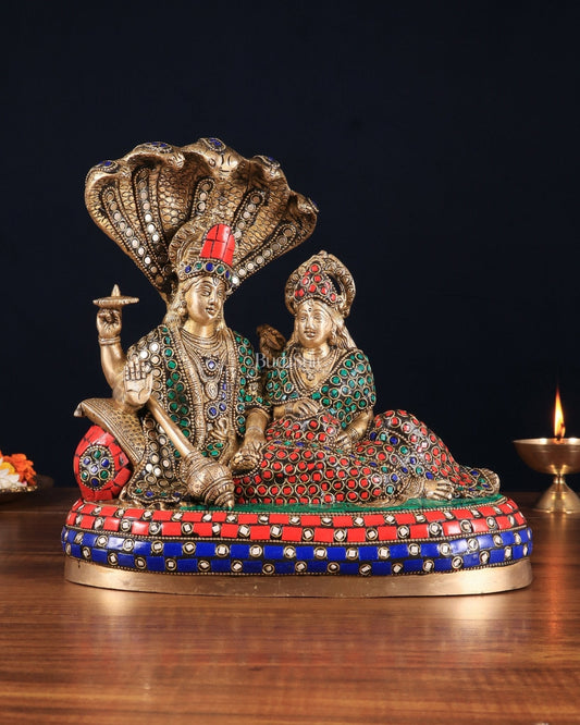 Pure Brass Lakshmi Narayan Resting on Sheshanaag Idol 10" with stonework - Sama Homes Idol - Brass Sculpture