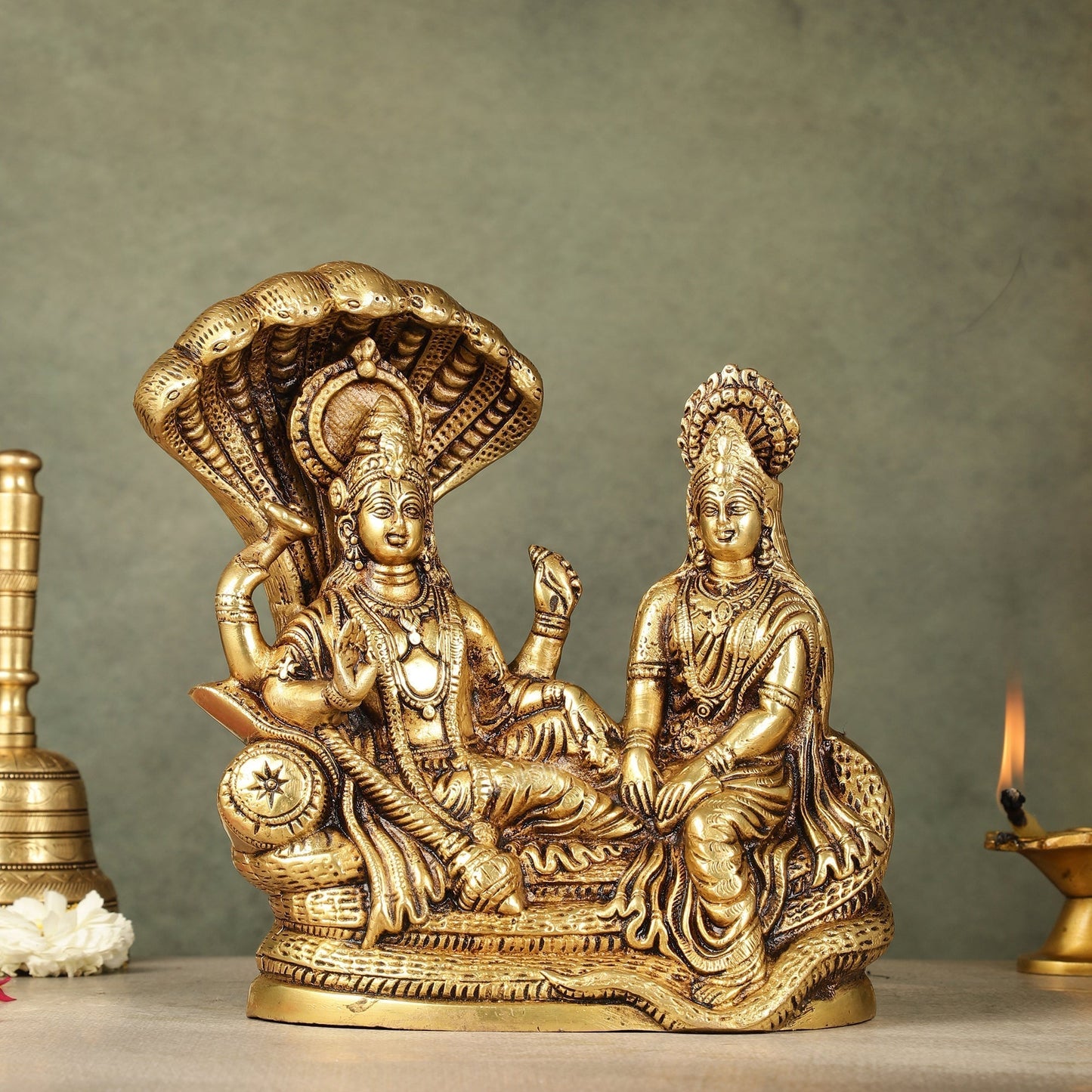 Pure Brass Lakshmi Narayan Resting on Sheshanaag Idol - 8 inch - Sama Homes Idol - Brass Sculpture