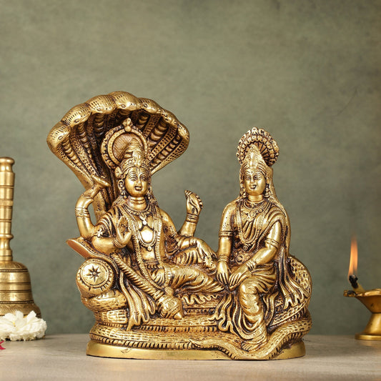 Pure Brass Lakshmi Narayan Resting on Sheshanaag Idol - 8 inch - Sama Homes Idol - Brass Sculpture