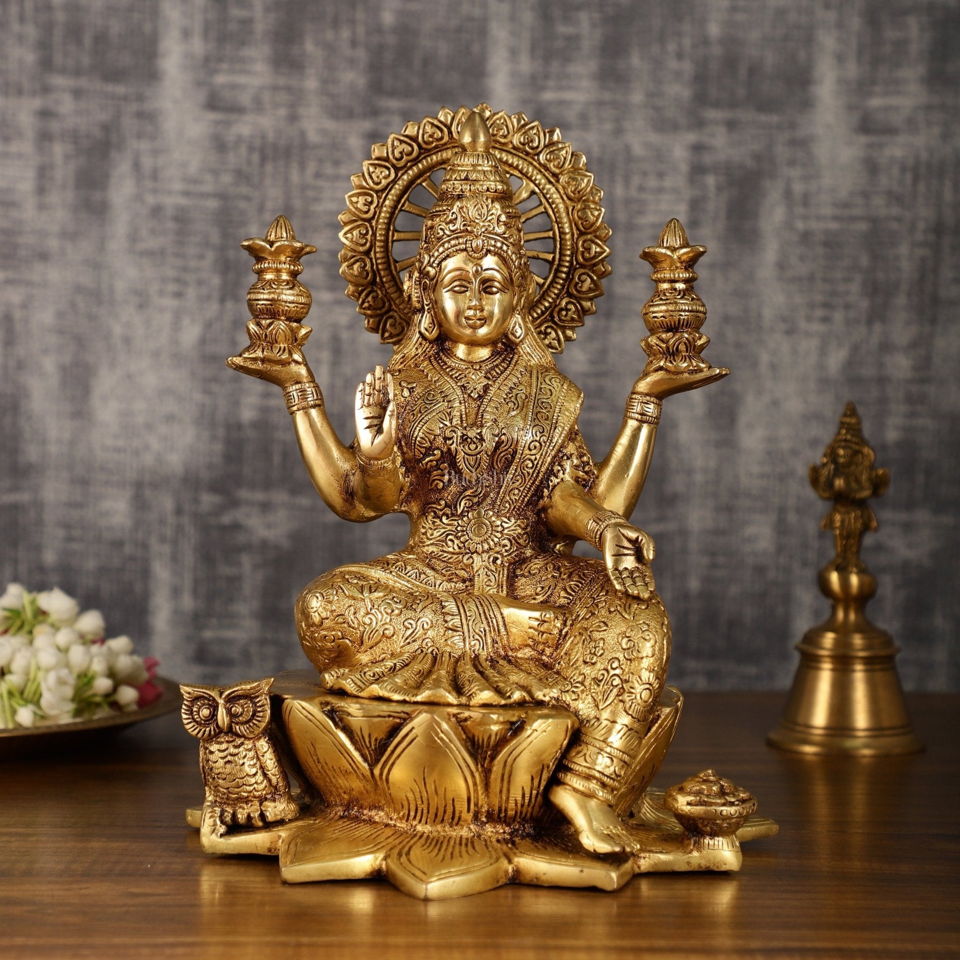 Pure Brass Lakshmi with Owl Idol Seated on Lotus | 11 Inch Height | 6.25 KG - Sama Homes Idol - Brass Sculpture - Eco-friendly - Sama Homes