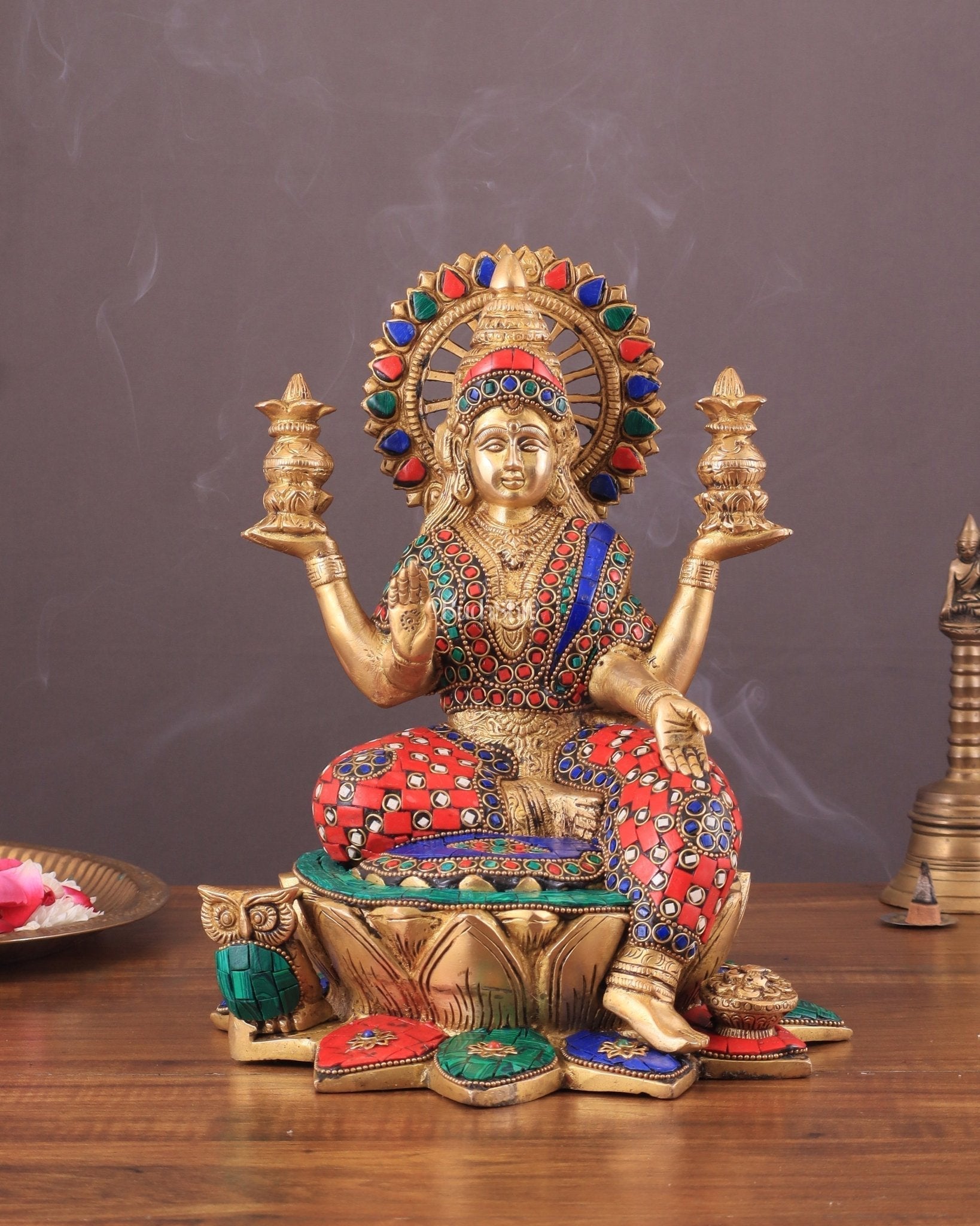 Pure Brass Lakshmi with Owl Idol Seated on Lotus | 11 Inch meenakari - Sama Homes Idol - Brass Sculpture - Eco-friendly - Sama Homes