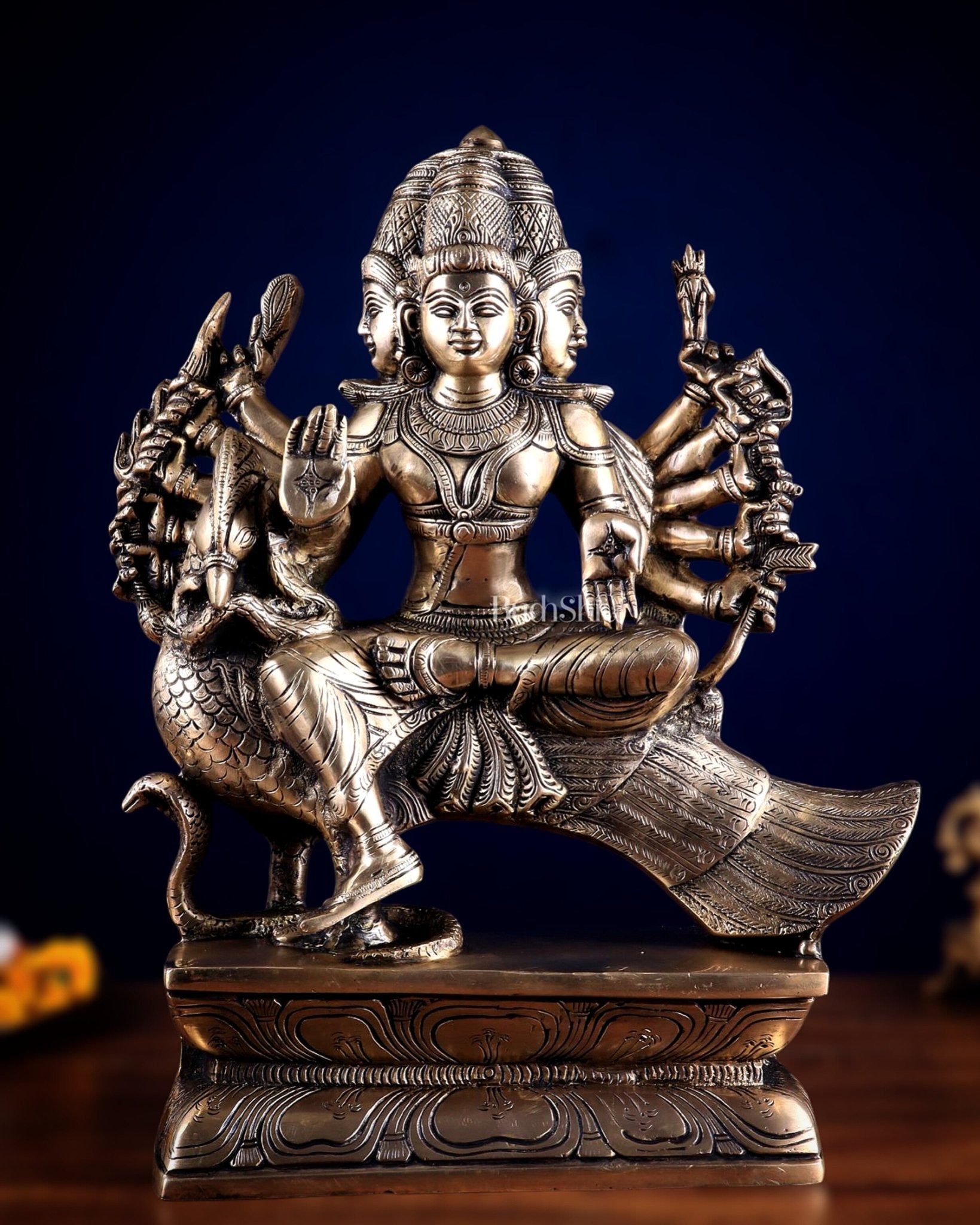 Pure Brass Large Aarumugam Murugan Sitting on a Peacock – Kartikeya Swamy Idol 16" - Sama Homes Idol - Brass Sculpture - Eco-friendly - Sama Homes