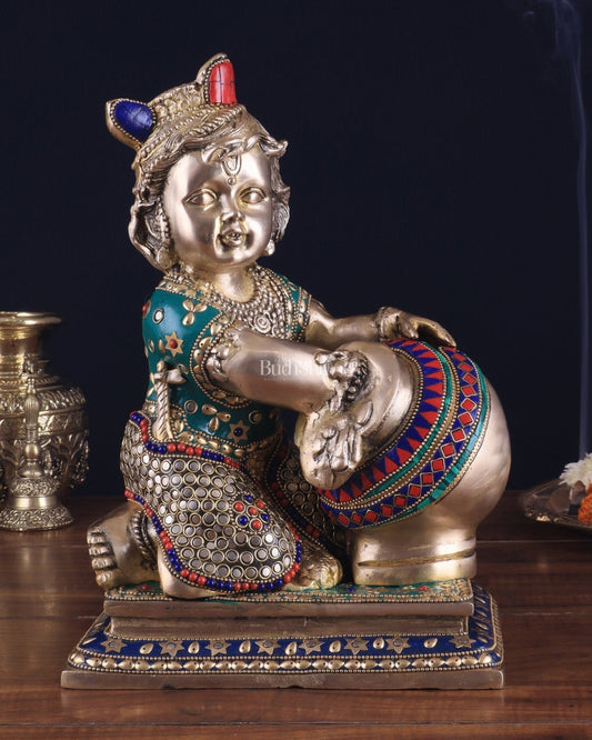 Pure Brass Large Baby Krishna as Makhan Chor Statue - 12" with stonework - Sama Homes Idol - Brass Sculpture