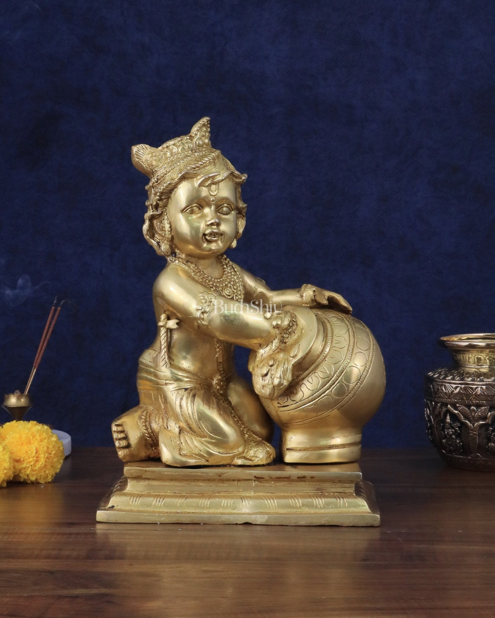Pure Brass Large Baby Krishna as Makhan Chor Statue - 12" - Sama Homes Idol - Brass Sculpture - Eco-friendly - Sama Homes
