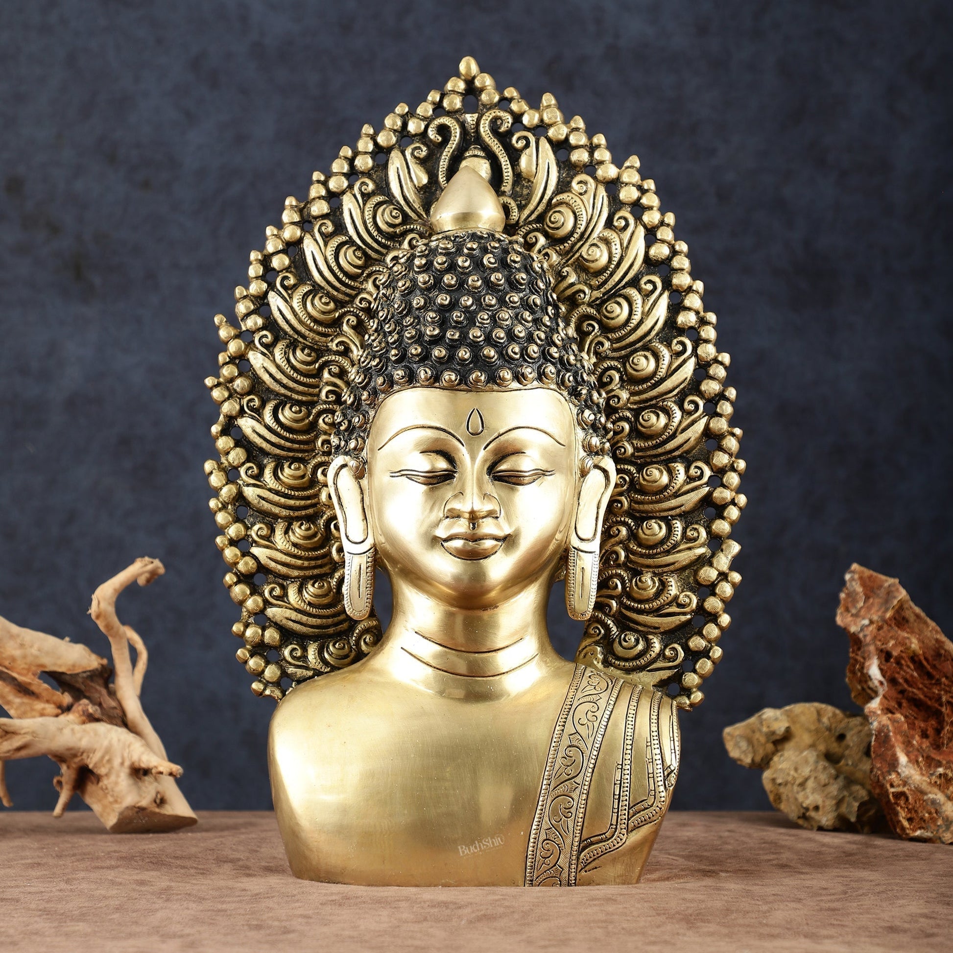 Pure Brass Large Buddha Bust Face Sculpture with Aureole Arch – 18.2" Height - Sama Homes Idol - Brass Sculpture - Eco-friendly - Sama Homes