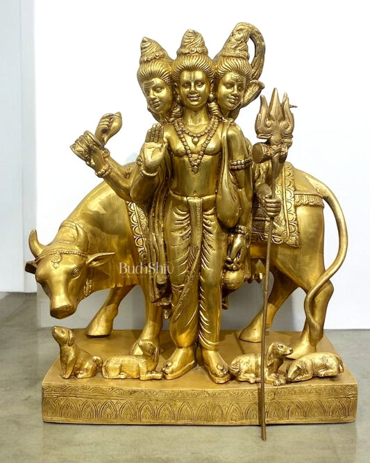 Pure Brass Large Dattatreya Guru Statue with Cow and Dogs 24" - Sama Homes Idol - Brass Sculpture