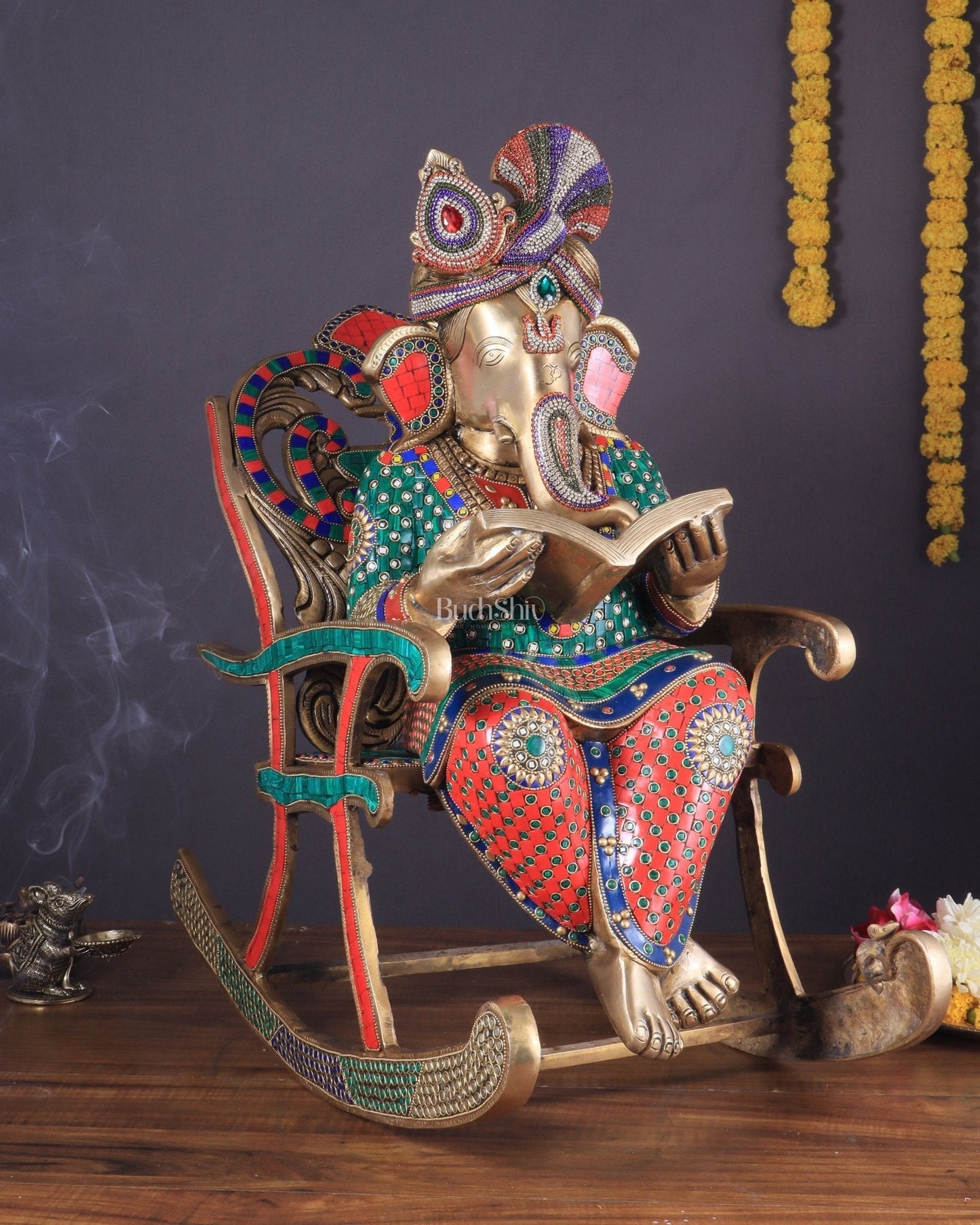 Pure Brass Large Ganesha Seated on Chair Reading Book | 24" meenakari - Sama Homes Idol - Brass Sculpture