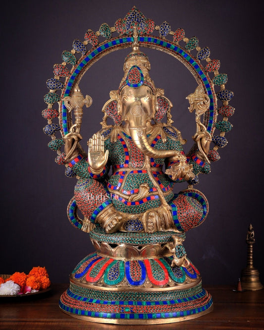 Pure Brass Large Ganesha Statue with Meenakari Stonework – 27" Tall - Sama Homes Idol - Brass Sculpture