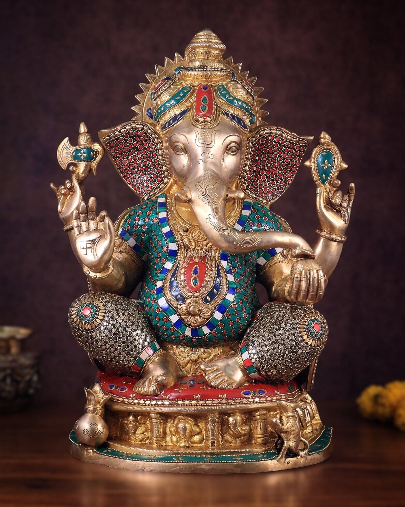 Pure Brass Large Ganesha Statue with Meenakari Stonework and Ashtavinayak Carvings - 22" - Sama Homes Idol - Brass Sculpture - Eco-friendly - Sama Homes