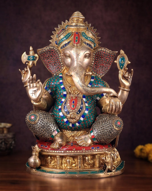 Pure Brass Large Ganesha Statue with Meenakari Stonework and Ashtavinayak Carvings - 22" - Sama Homes Idol - Brass Sculpture