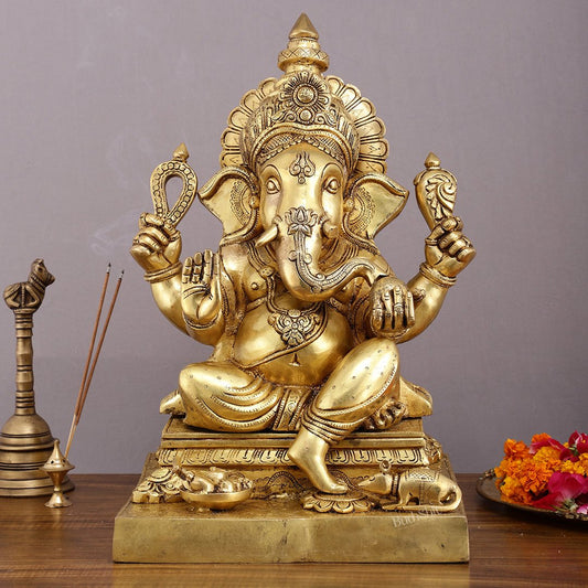 Pure Brass Large Ganesha Statue with Mooshak - 18" Grand Idol - Sama Homes Idol - Brass Sculpture
