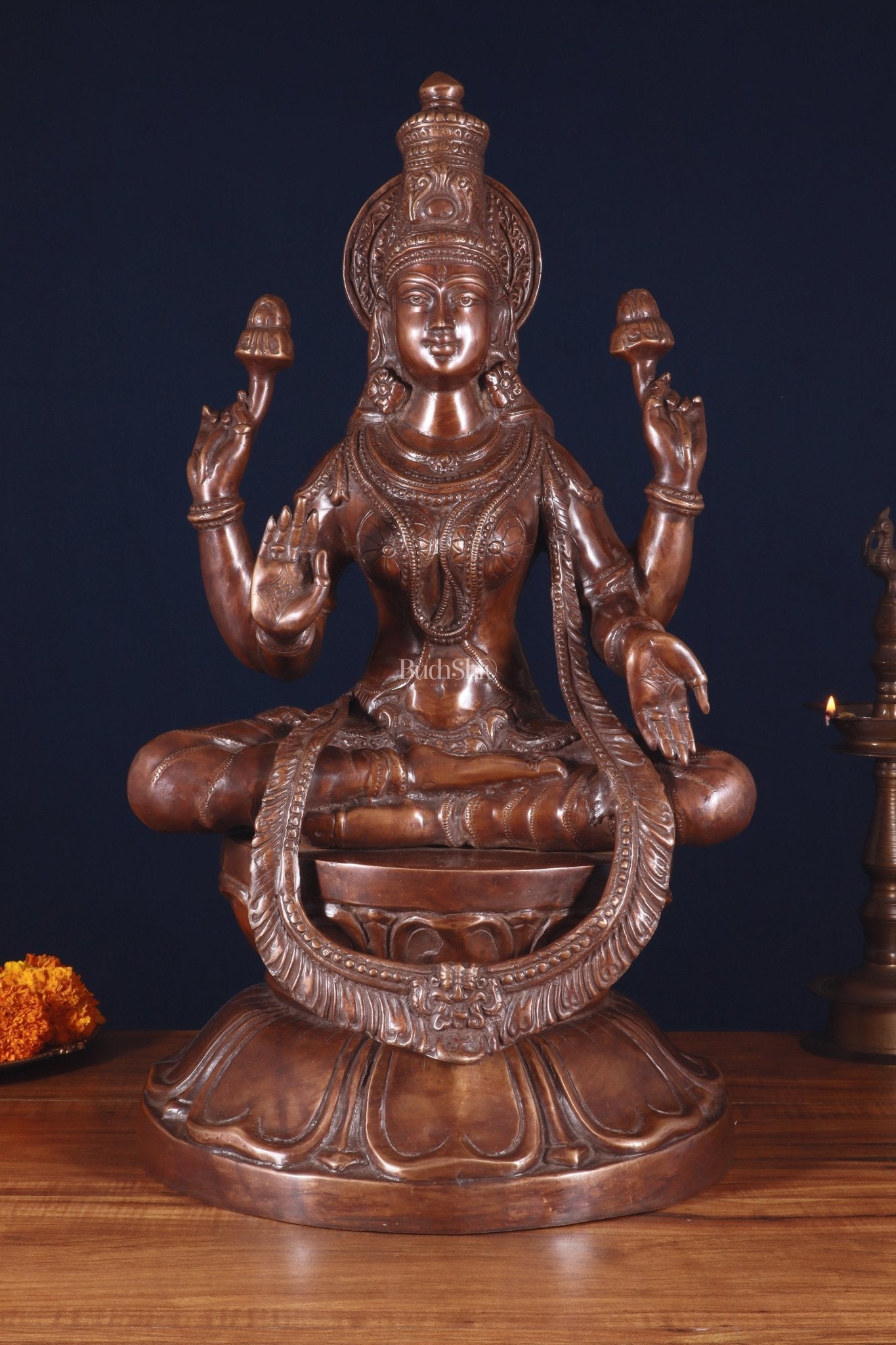 Pure Brass Large Goddess Lakshmi Statue – Crossed Legs Pose, 25 Inch, - Sama Homes Idol - Brass Sculpture - Eco-friendly - Sama Homes