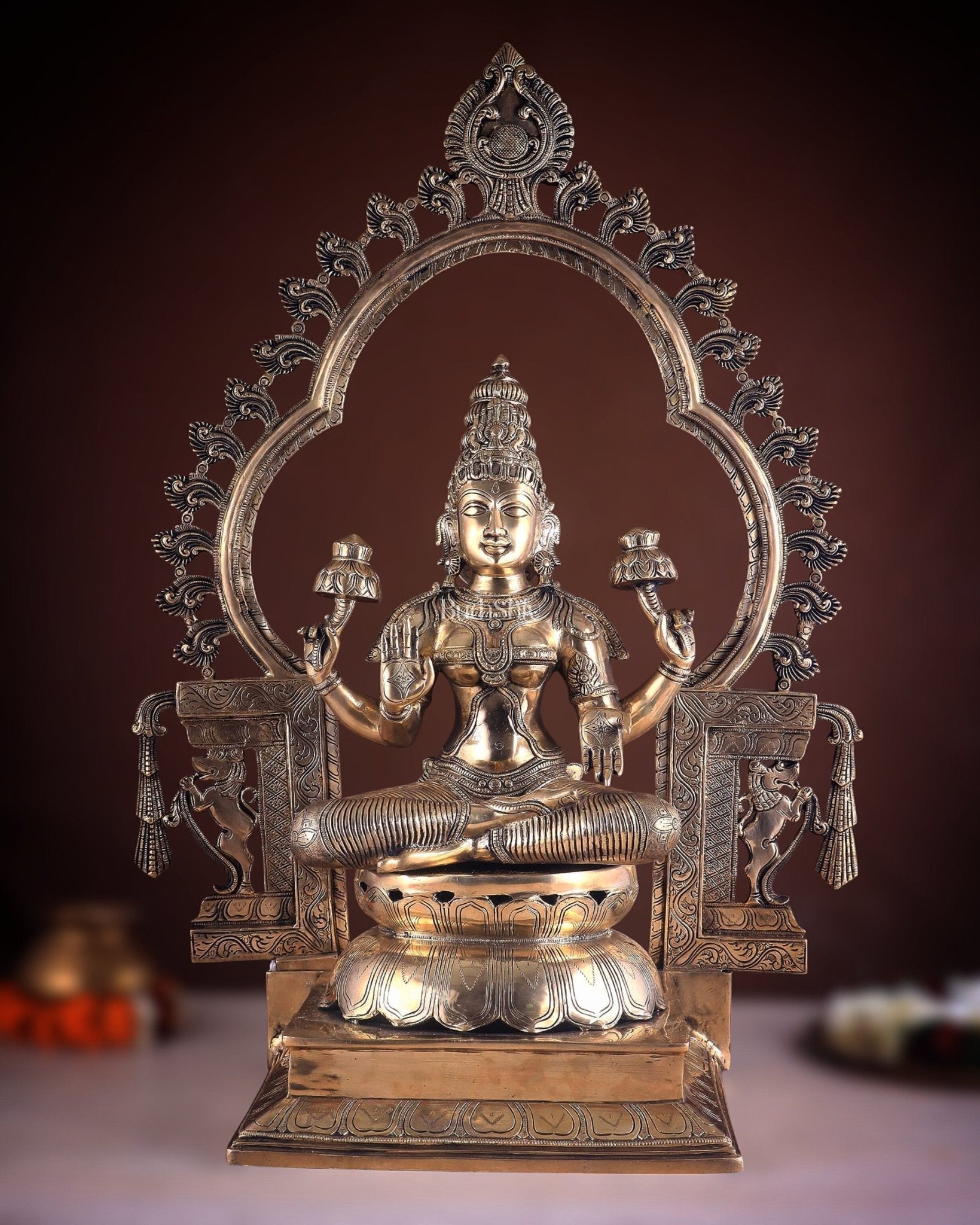 Pure Brass Large Goddess Lakshmi with Prabhavali Statue 32.5" - Sama Homes Idol - Brass Sculpture - Eco-friendly - Sama Homes