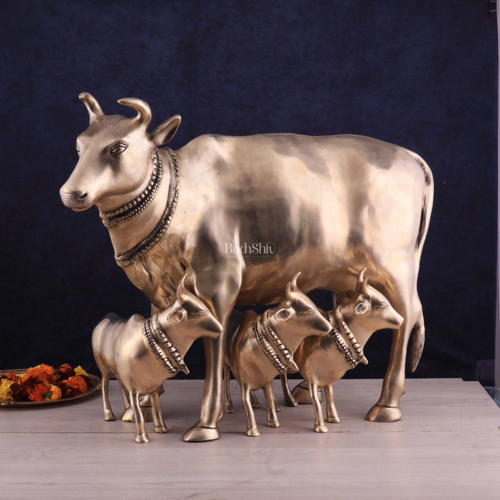 Pure Brass Large Gomatha (Cow) Statue Protecting Her Calves – Symbol of Nurturing Divinity - Eco-friendly - Sama Homes