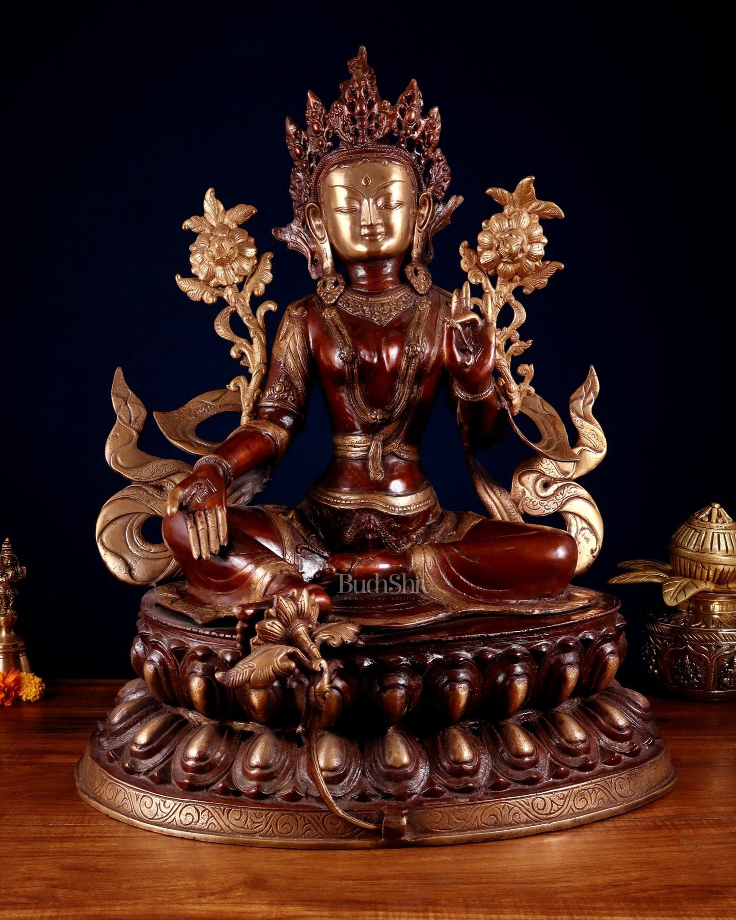 Pure Brass Large Green Tara Statue – Divine Protector & Compassionate Mother 24.5" - Sama Homes Idol - Brass Sculpture
