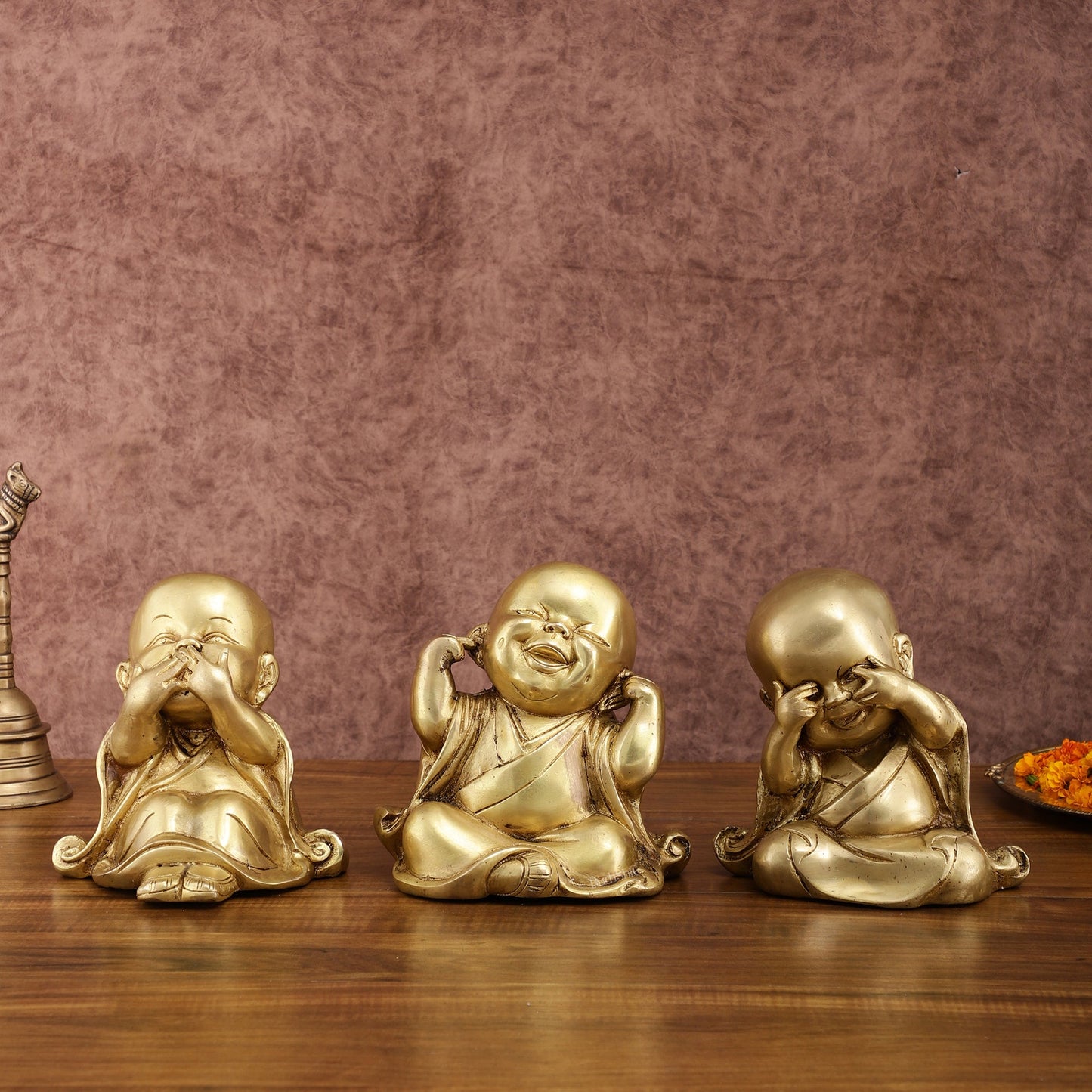 Pure Brass Large Happy Baby Monks Statues Set | 7.5-inch, 10 kg - Sama Homes Idol - Brass Sculpture
