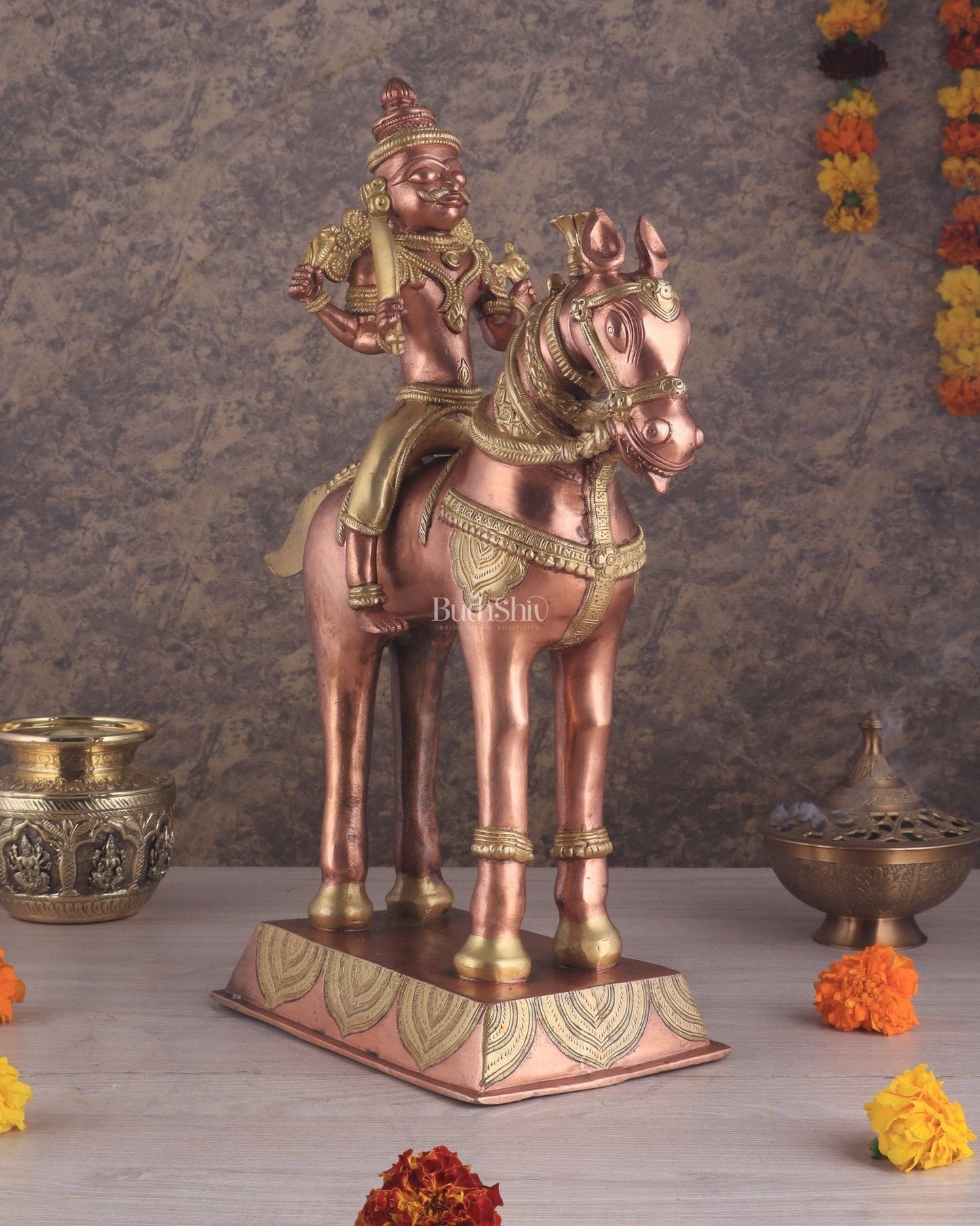 Pure Brass Large Khandoba Bhairava – Shiva on Horse Statue (South Copper Tone) 21" tall - Sama Homes Idol - Brass Sculpture