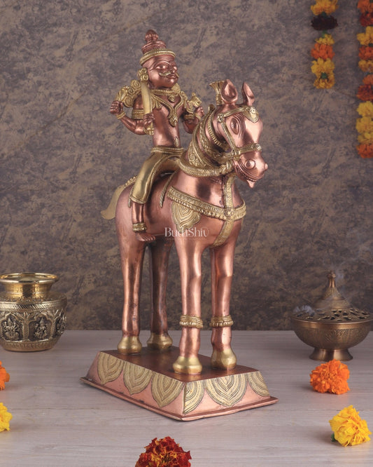 Pure Brass Large Khandoba Bhairava – Shiva on Horse Statue (South Copper Tone) 21" tall - Sama Homes Idol - Brass Sculpture